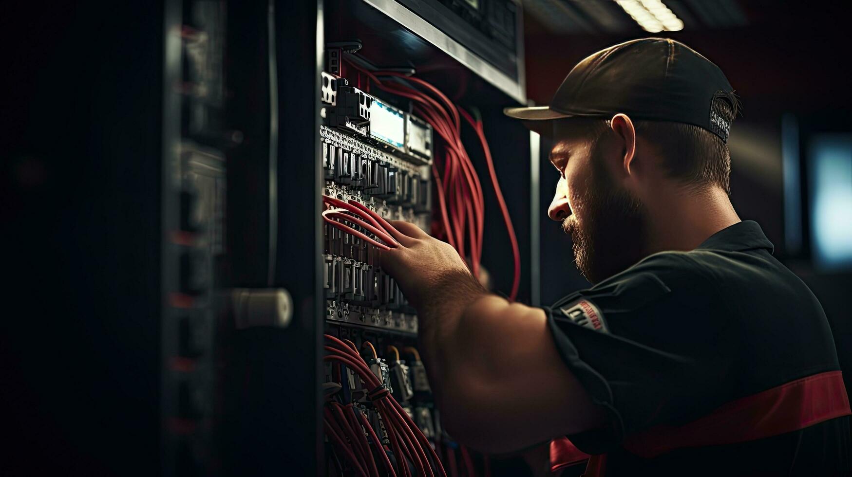 Electrician engineer with plan to check electrical supply in front of control fuse switchboard photo