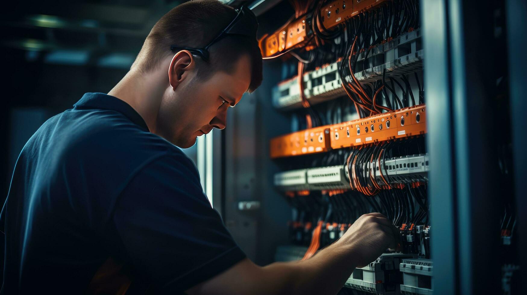 Electrician engineer with plan to check electrical supply in front of control fuse switchboard photo