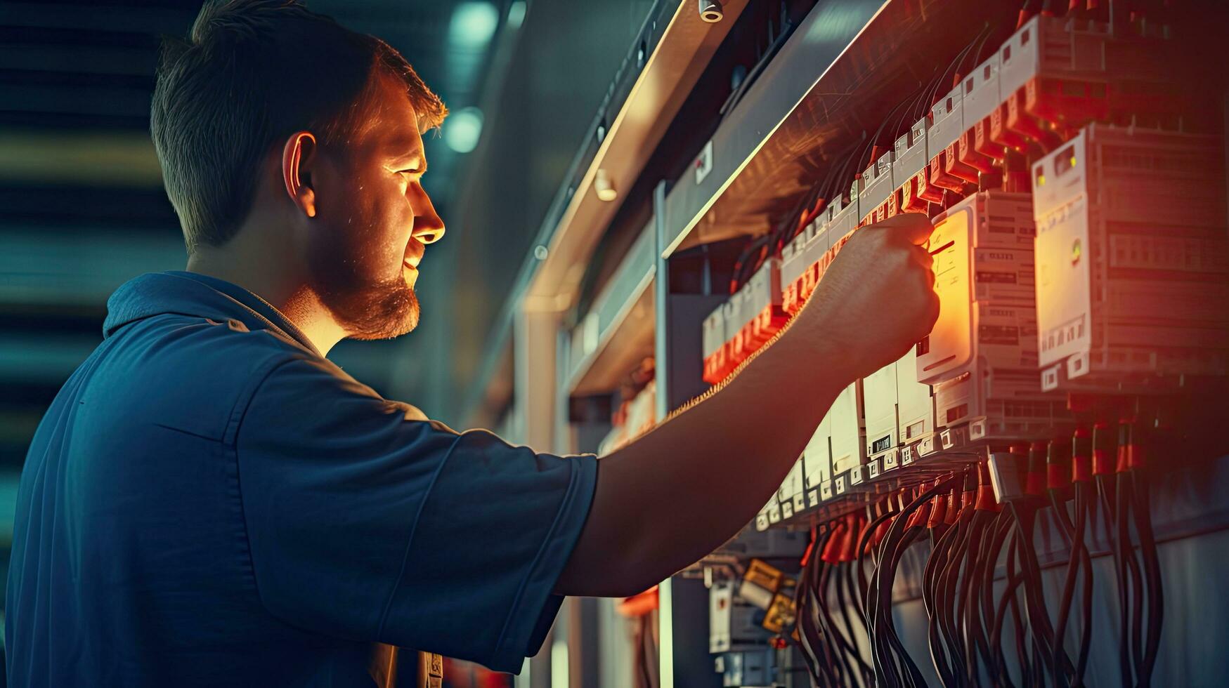 Electrician engineer with plan to check electrical supply in front of control fuse switchboard photo