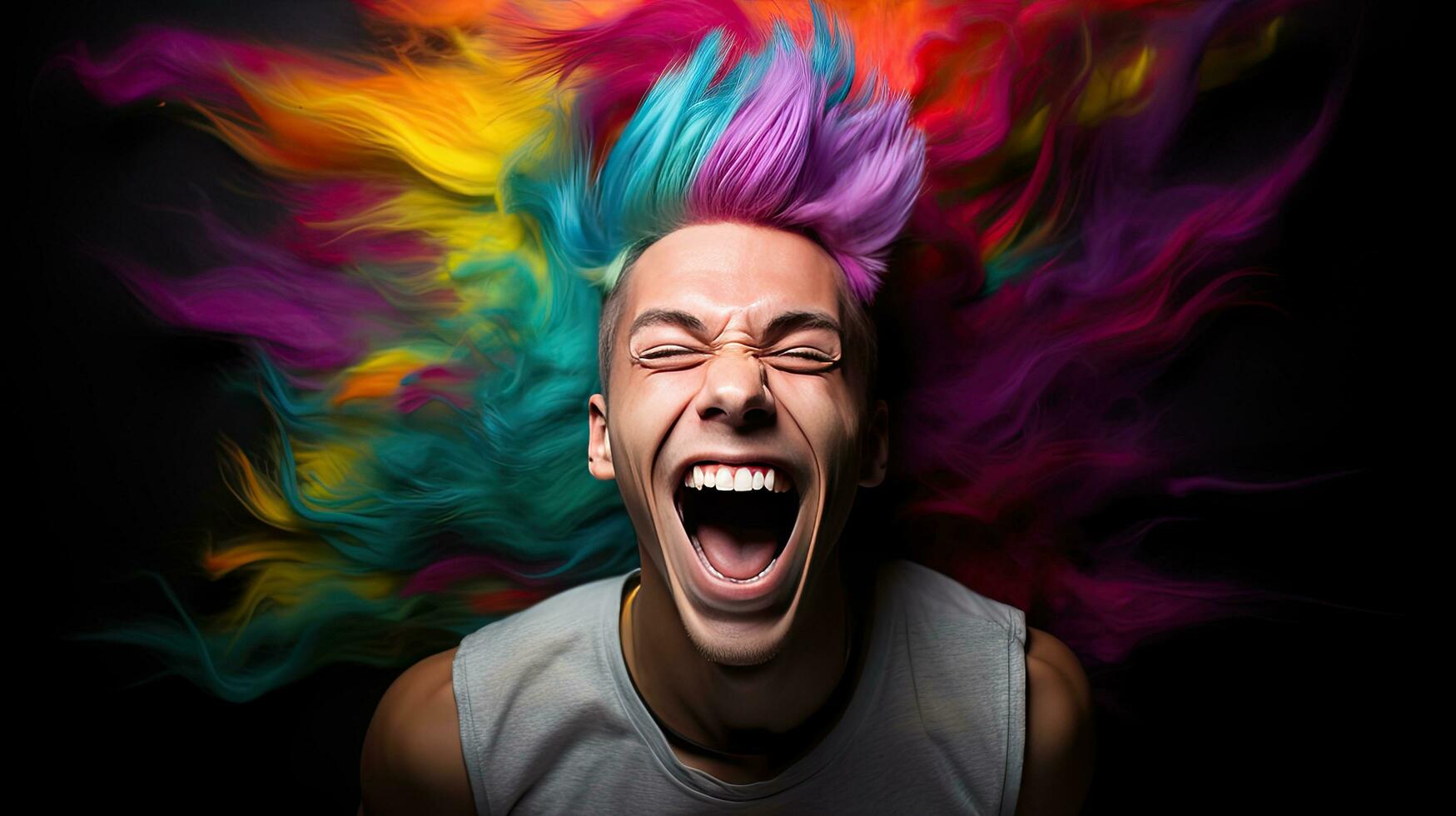 Close-up photo of a handsome multi-colored-haired man smiling widely, showing off his perfect teeth. Express your emotions in a brightly lit room The concept of people and happiness