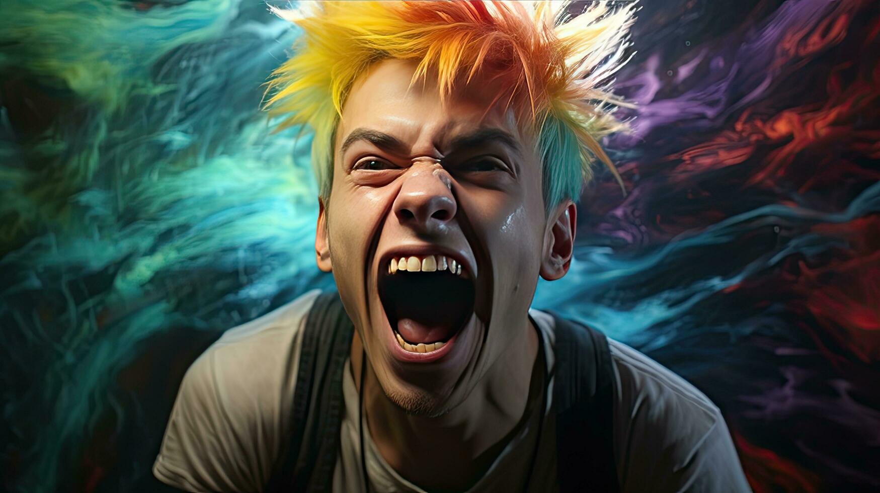 Close-up photo of a handsome multi-colored-haired man smiling widely, showing off his perfect teeth. Express your emotions in a brightly lit room The concept of people and happiness