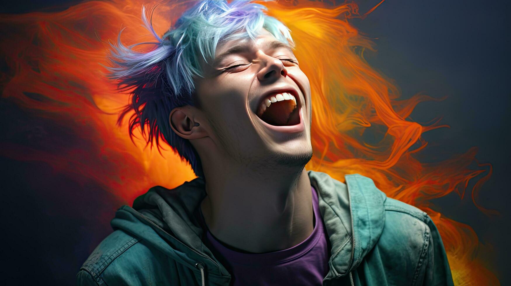 Close-up photo of a handsome multi-colored-haired man smiling widely, showing off his perfect teeth. Express your emotions in a brightly lit room The concept of people and happiness