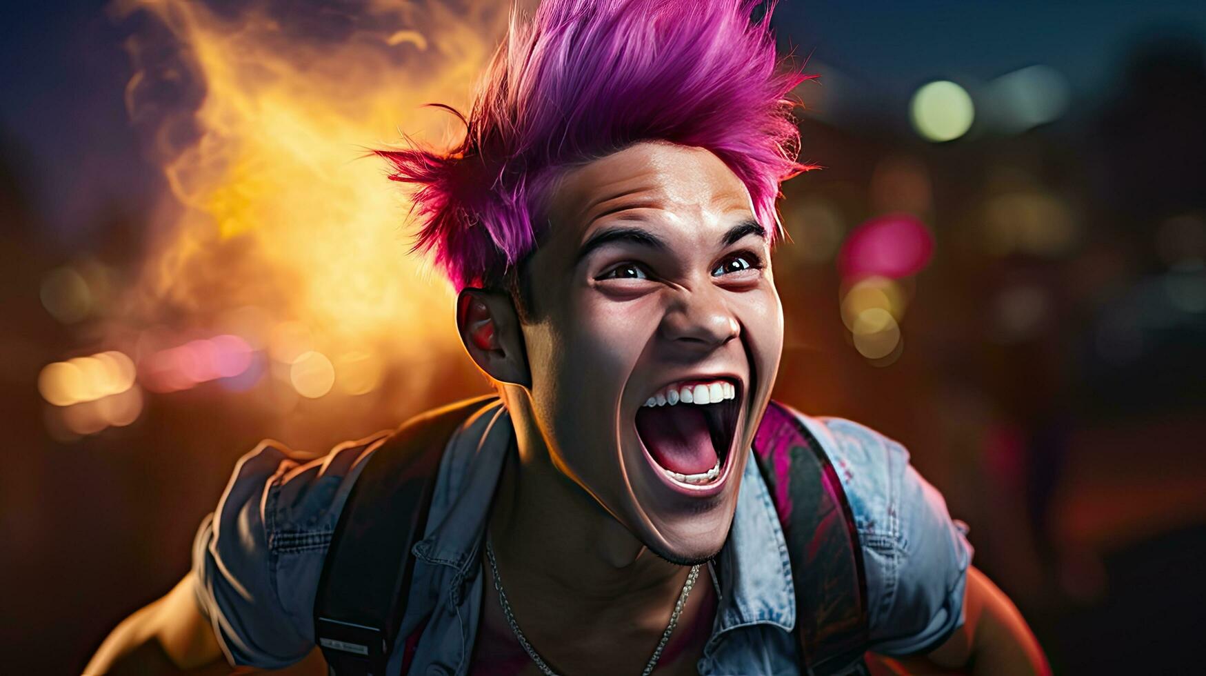 Close-up photo of a handsome multi-colored-haired man smiling widely, showing off his perfect teeth. Express your emotions in a brightly lit room The concept of people and happiness