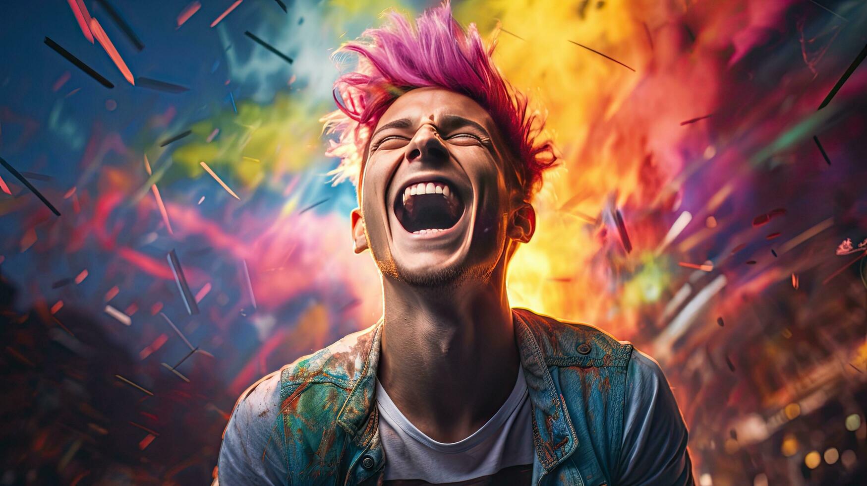 Close-up photo of a handsome multi-colored-haired man smiling widely, showing off his perfect teeth. Express your emotions in a brightly lit room The concept of people and happiness
