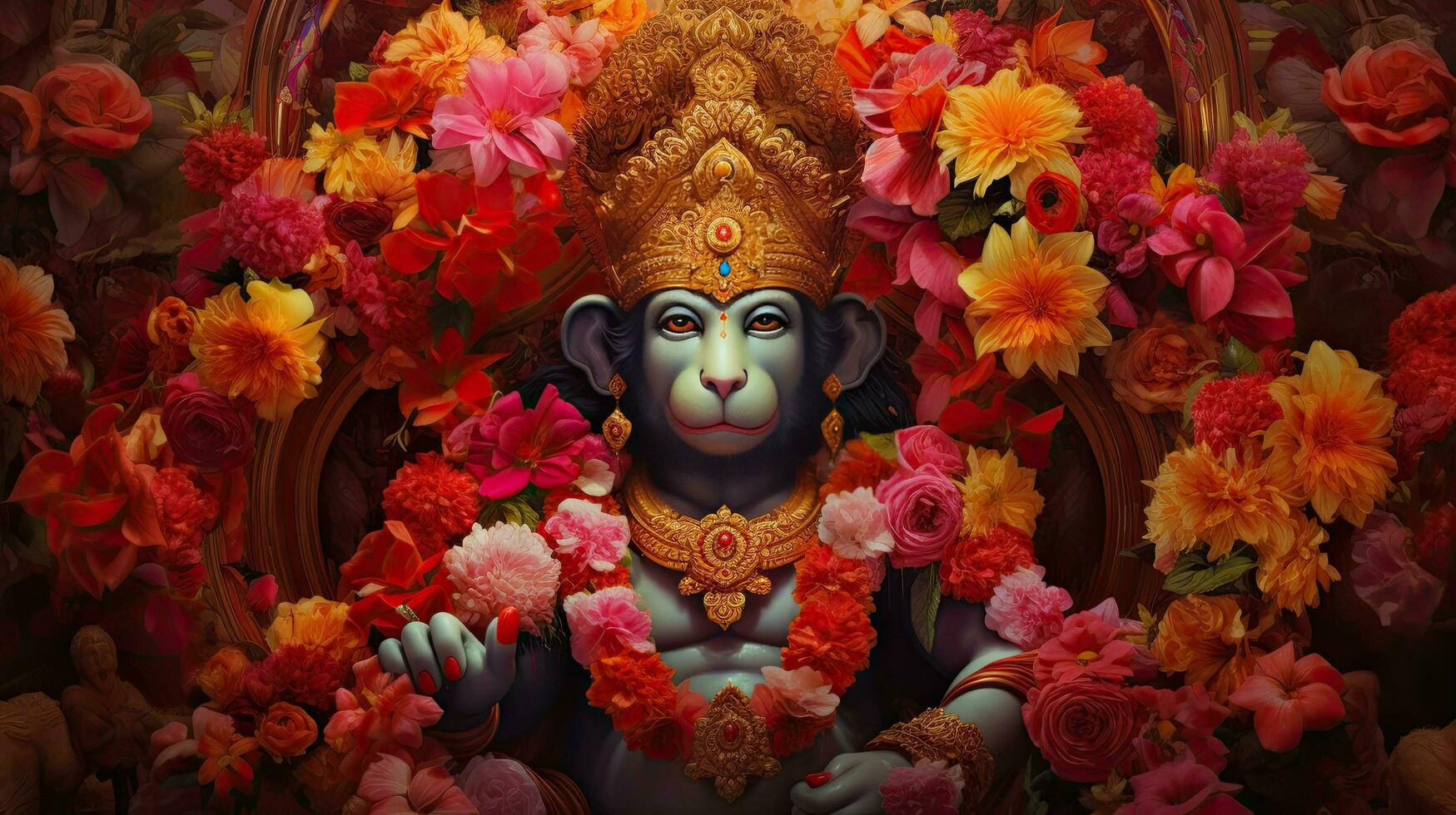 3D illustration of the Indian god Hanuman with a floral background surrounding it. photo