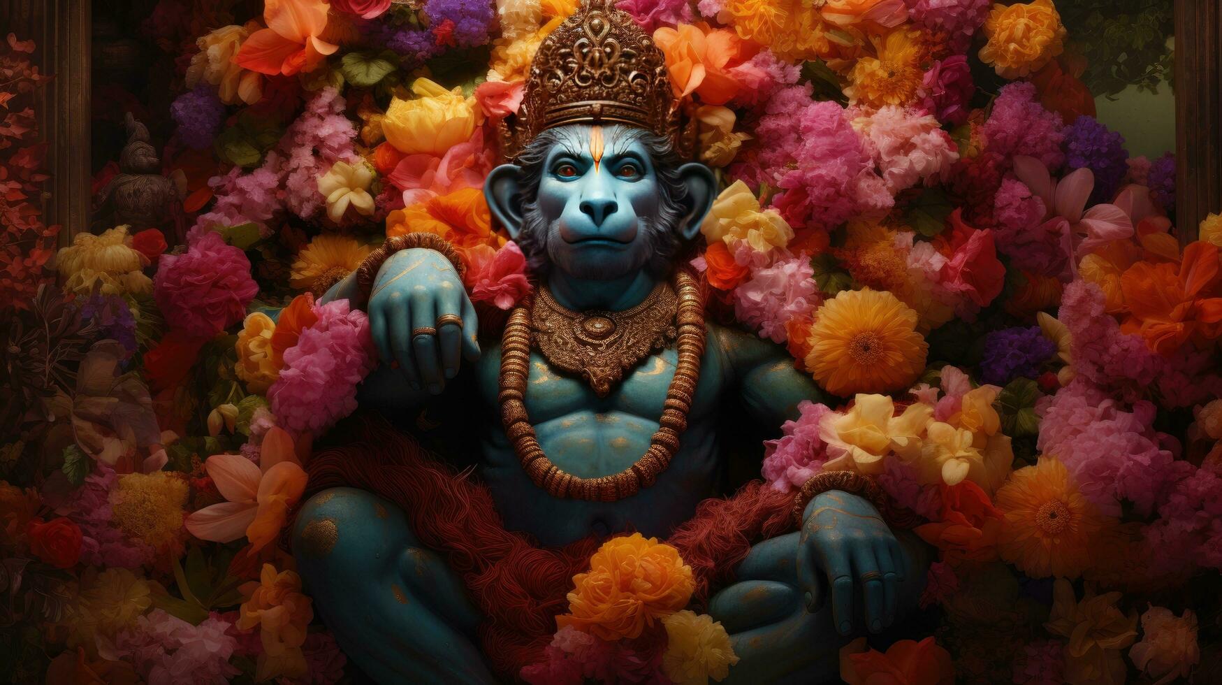 3D illustration of the Indian god Hanuman with a floral background surrounding it. photo