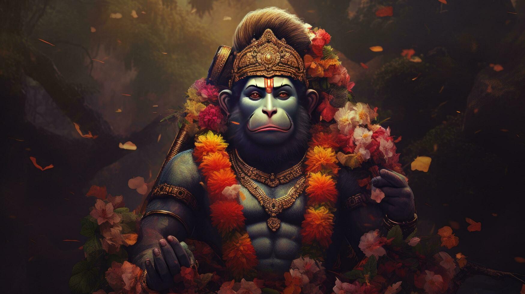 3D illustration of the Indian god Hanuman with a floral background surrounding it. photo