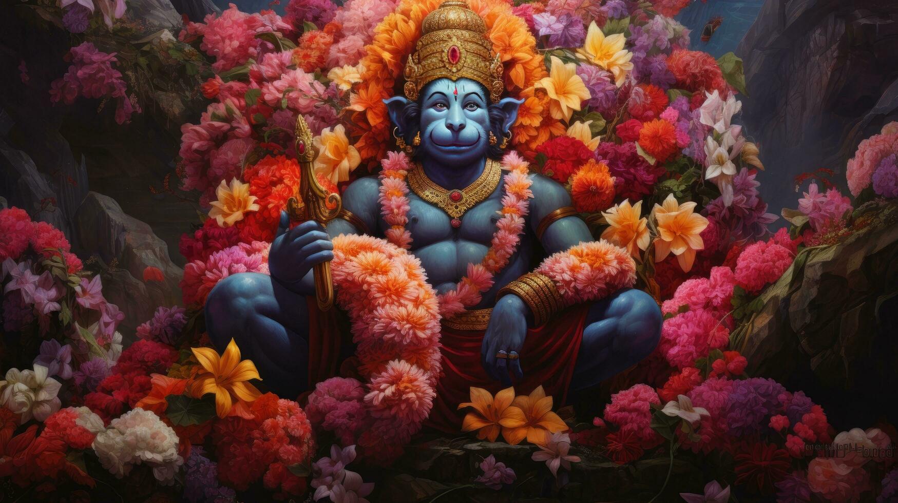 3D illustration of the Indian god Hanuman with a floral background surrounding it. photo
