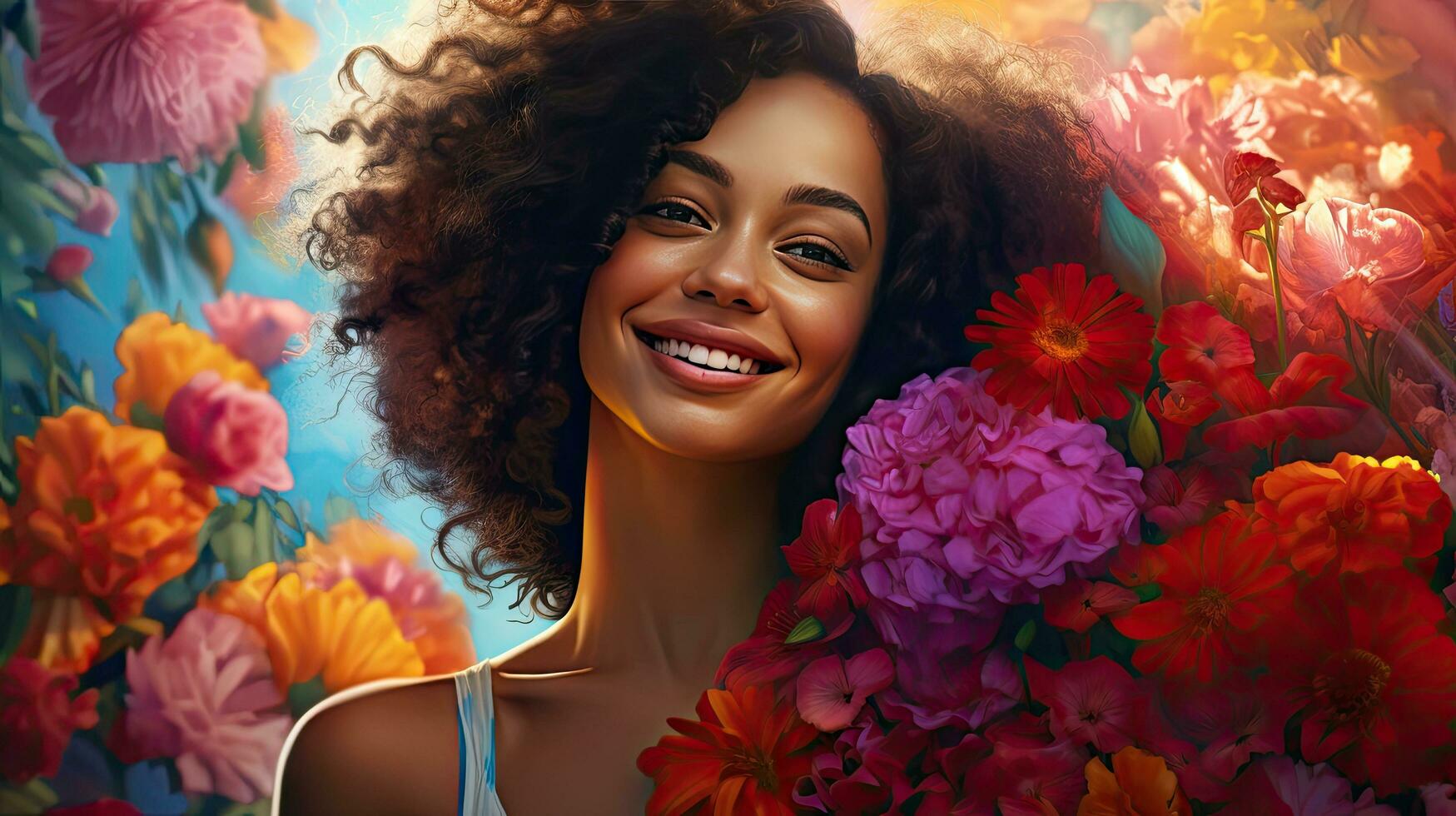 Beauty of a beautiful African woman with a background of colorful flowers. photo