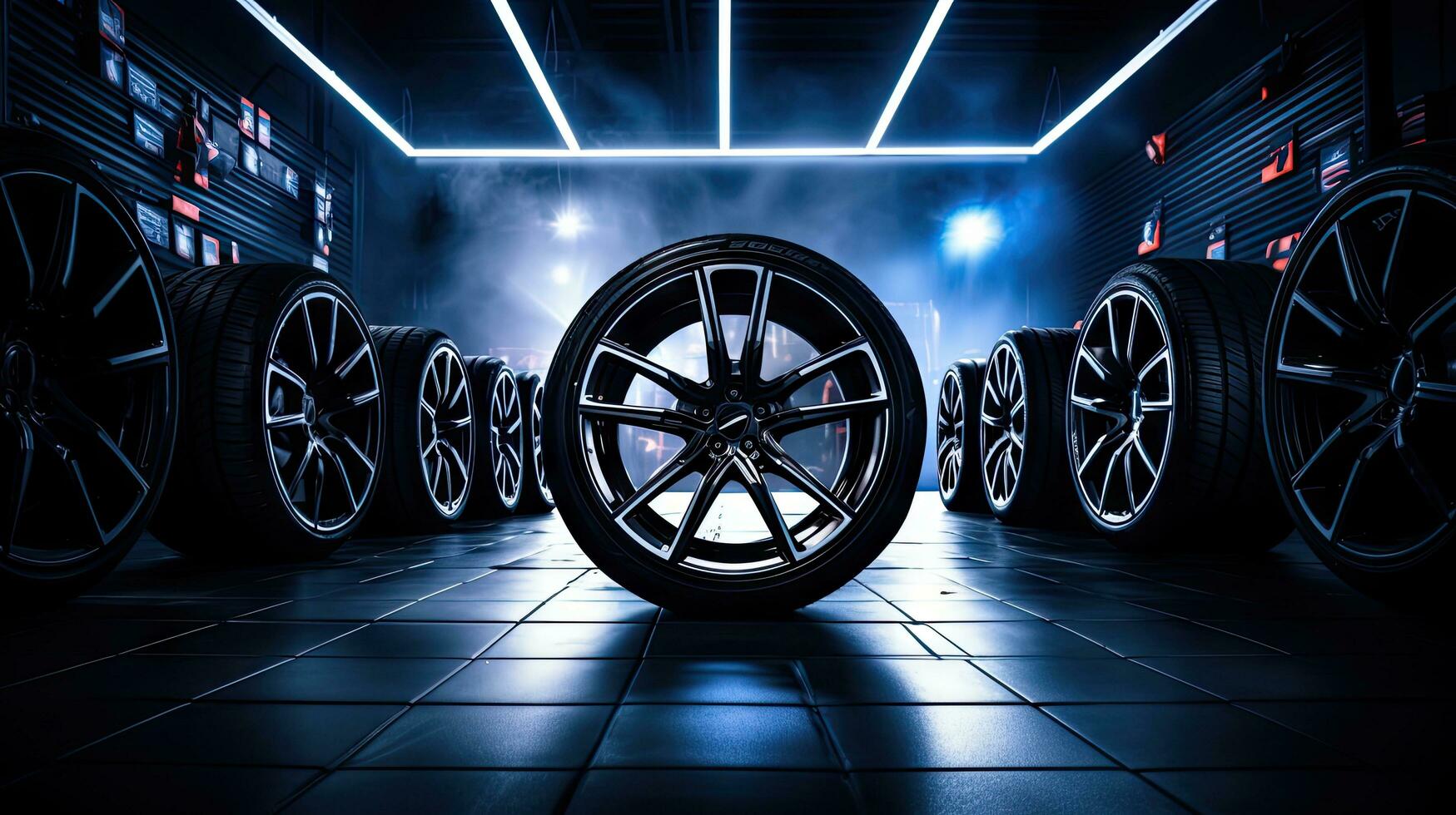 Alloy wheels, alloy wheels or alloy wheels, high performance car parts in car showrooms photo