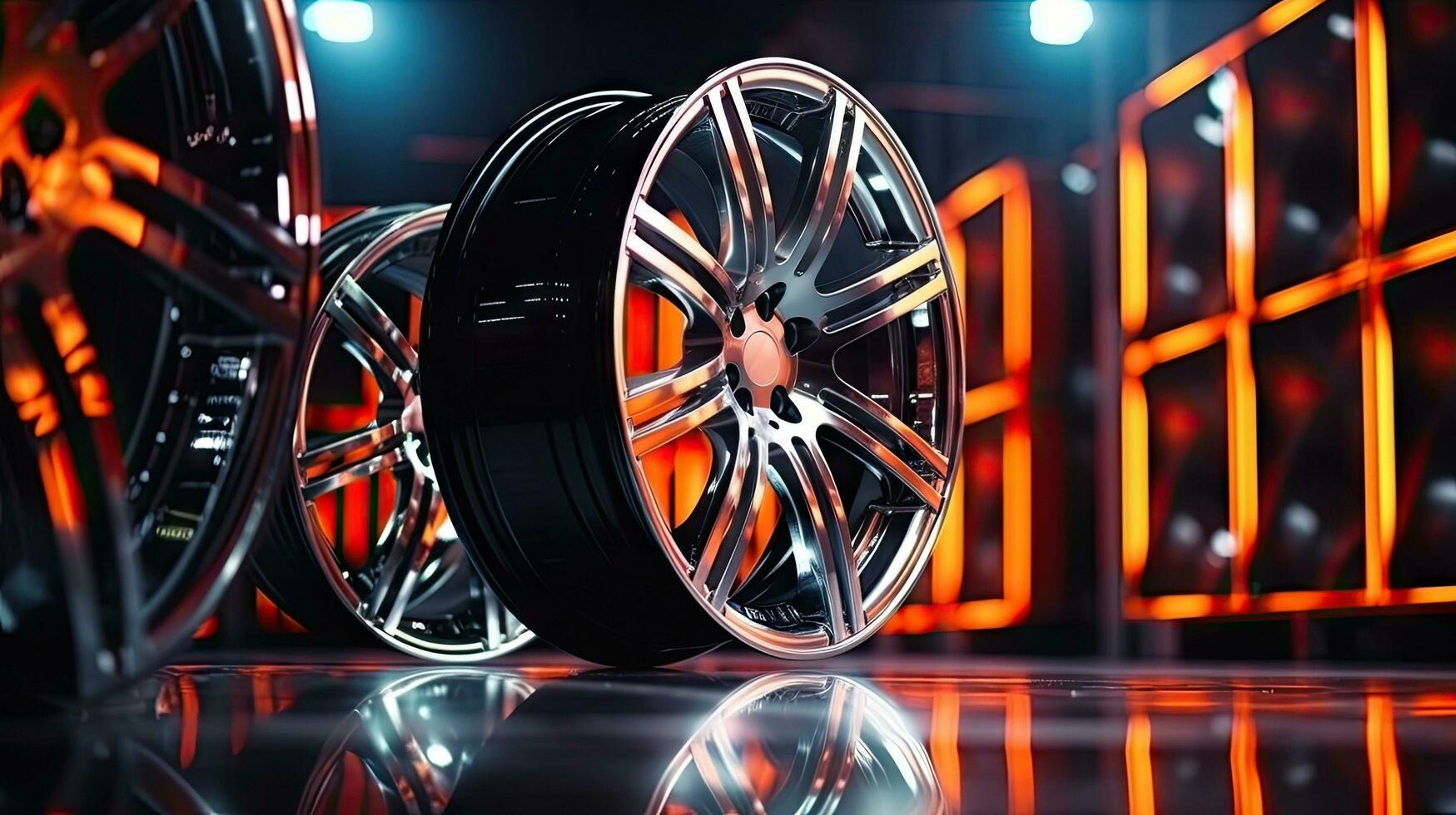 Alloy wheels, alloy wheels or alloy wheels, high performance car parts in car showrooms photo