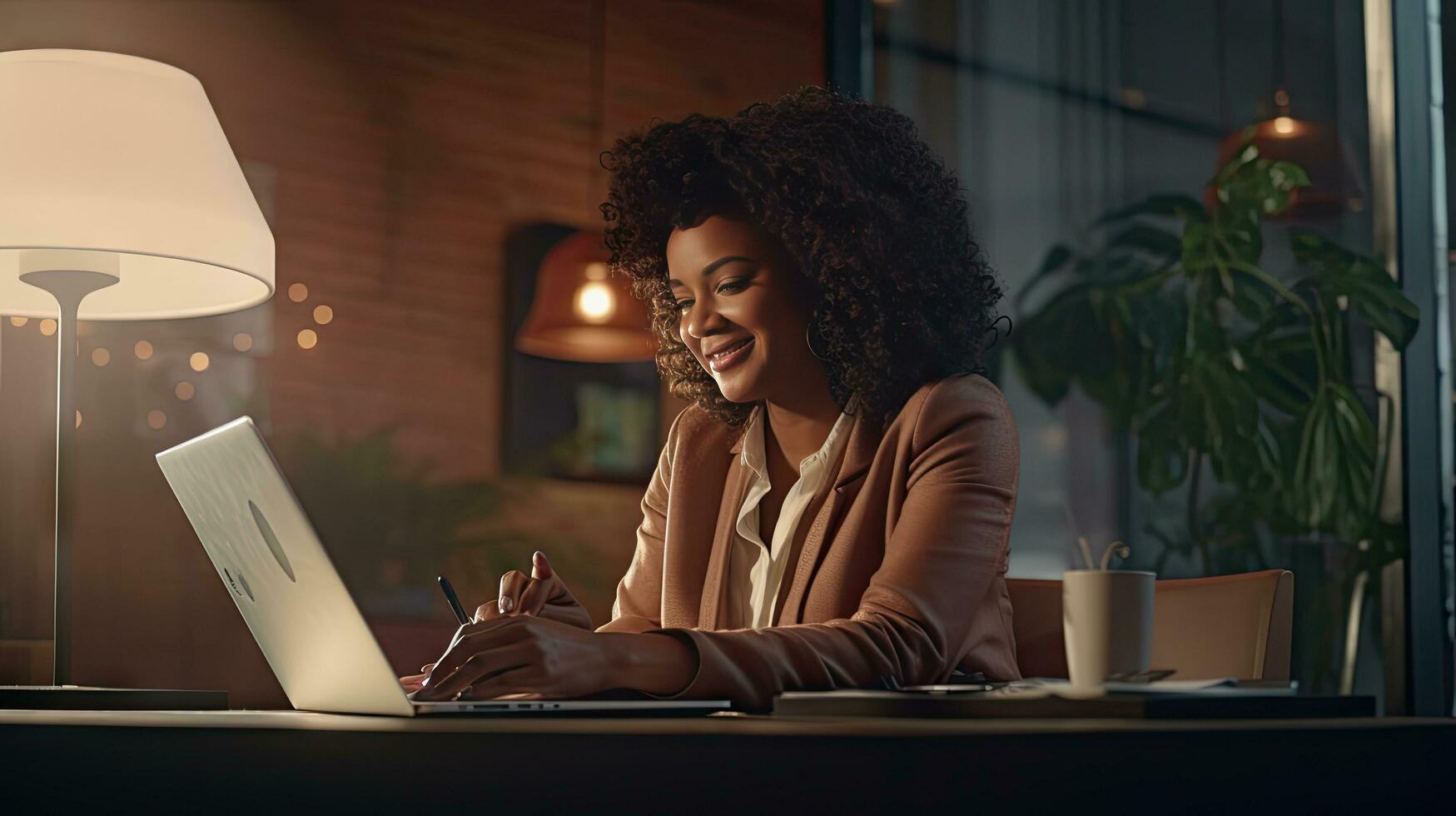 Smiling African American businesswoman sitting at table in her home office, reading documents and working using laptop photo