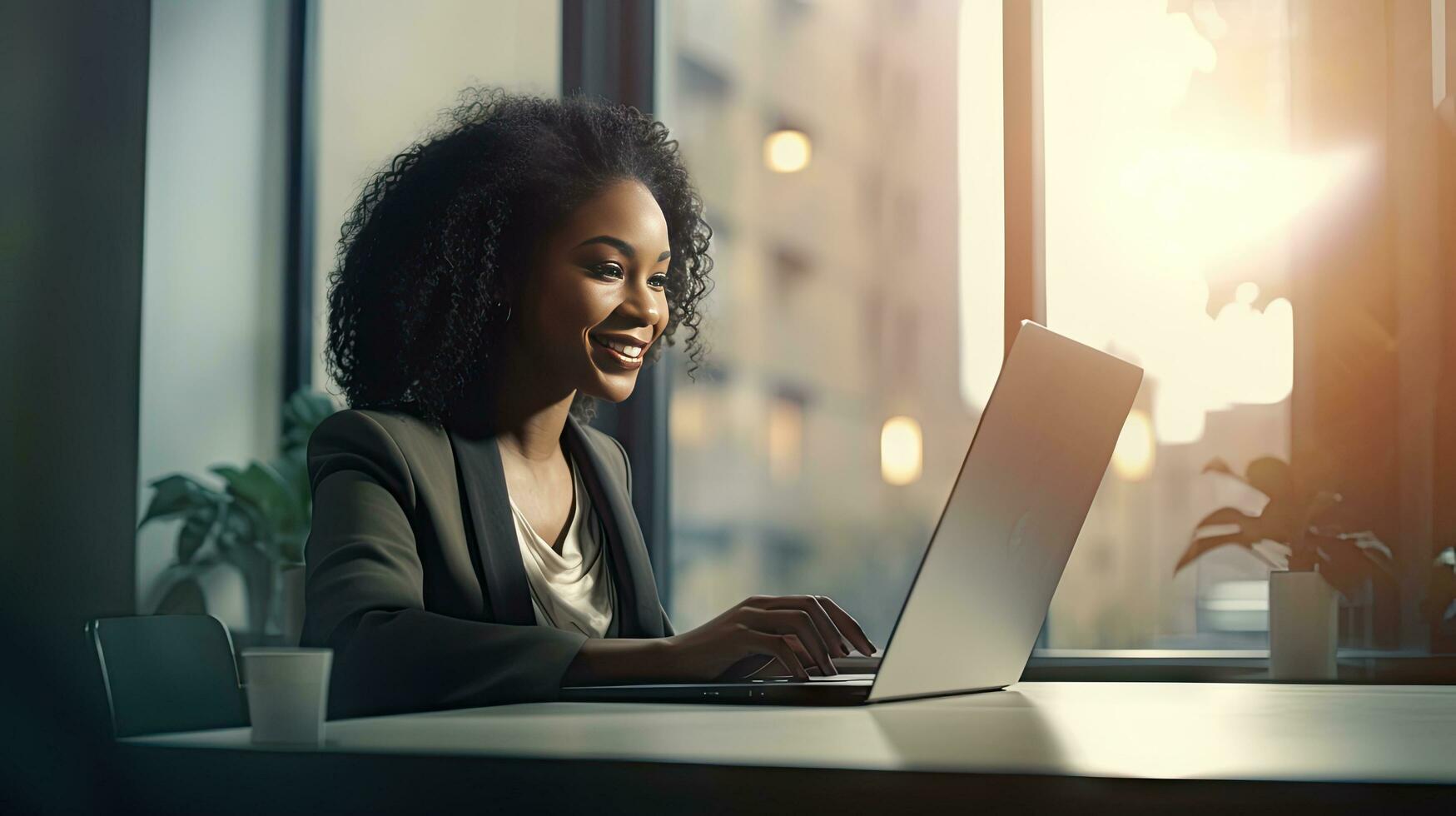 Smiling African American businesswoman sitting at table in her home office, reading documents and working using laptop photo