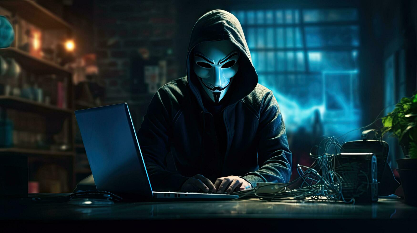 Hackers and Malware Hacker uses abstract laptop with binary code digital interface. photo