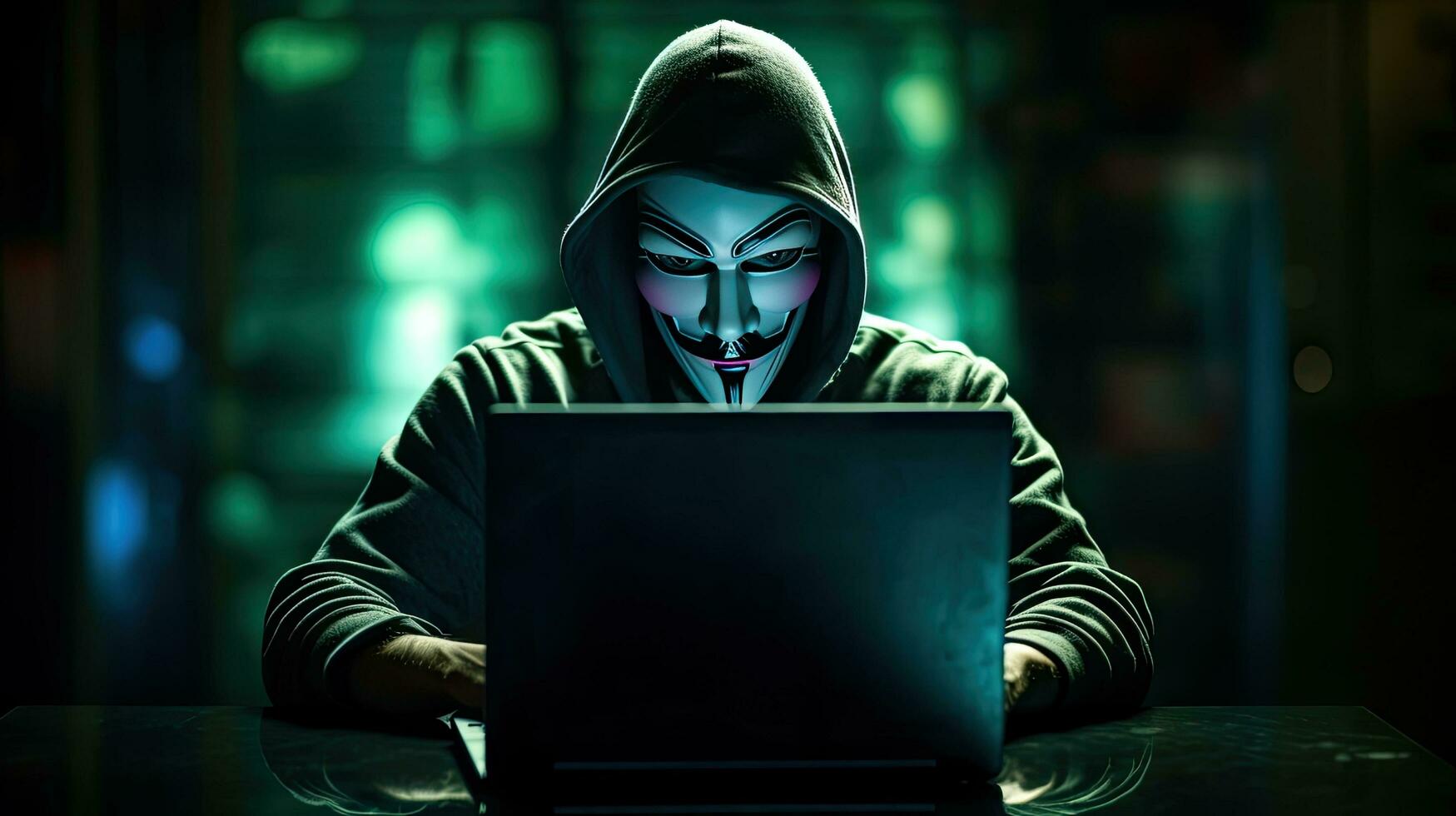 Hackers and Malware Hacker uses abstract laptop with binary code digital interface. photo
