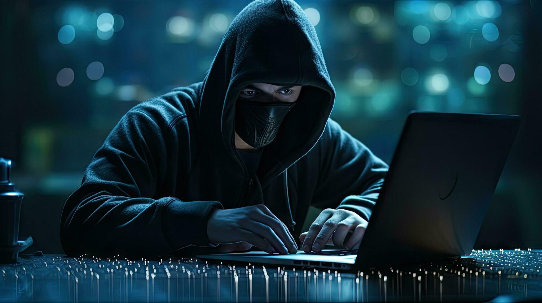 Hackers and Malware Hacker uses abstract laptop with binary code digital interface. photo