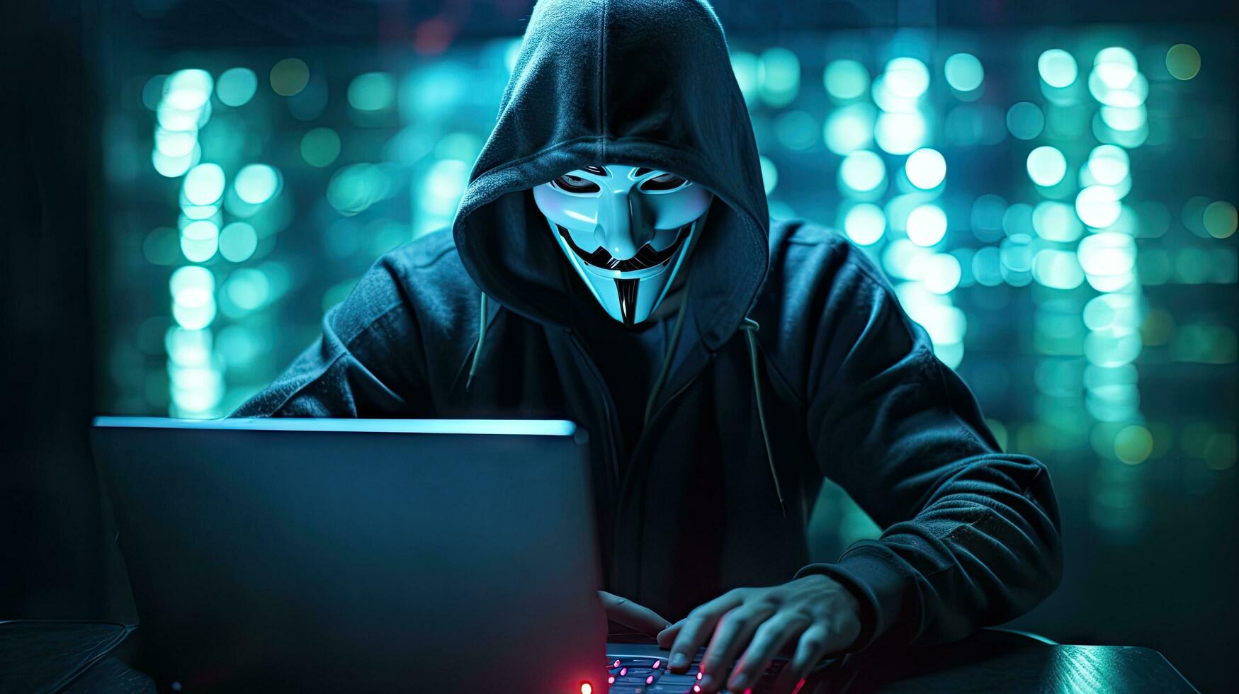 Hackers and Malware Hacker uses abstract laptop with binary code digital interface. photo