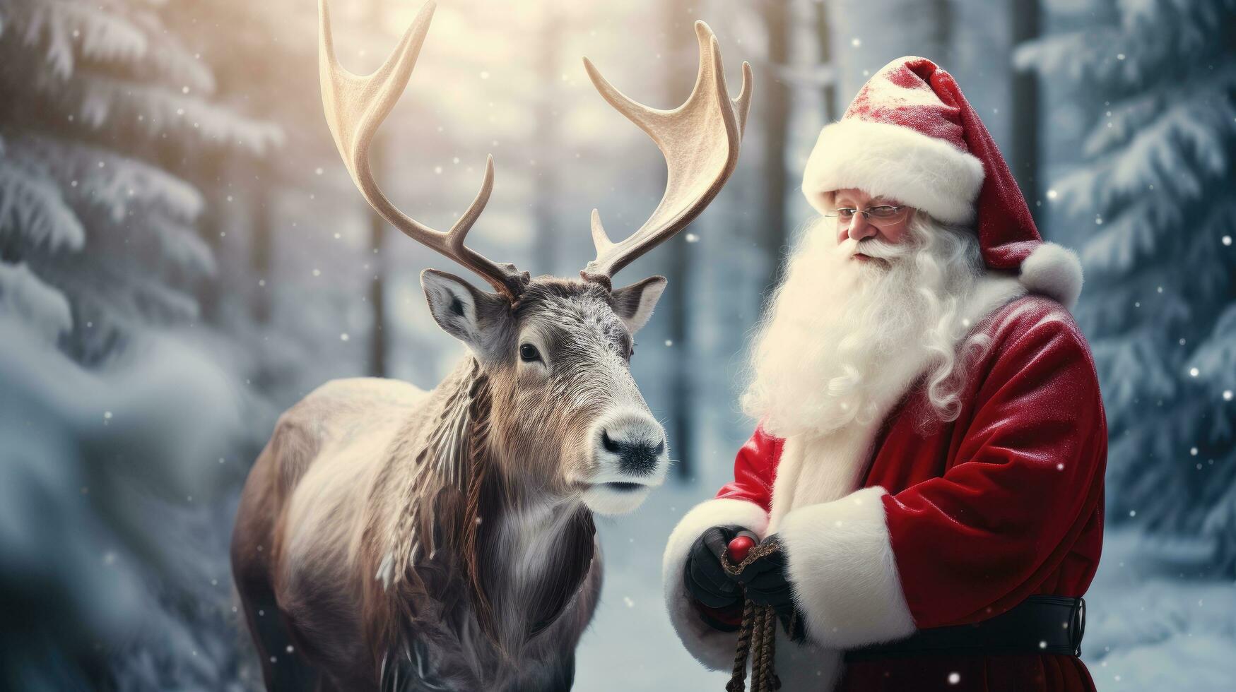 Santa Claus is near his reindeer in the snowy forest photo