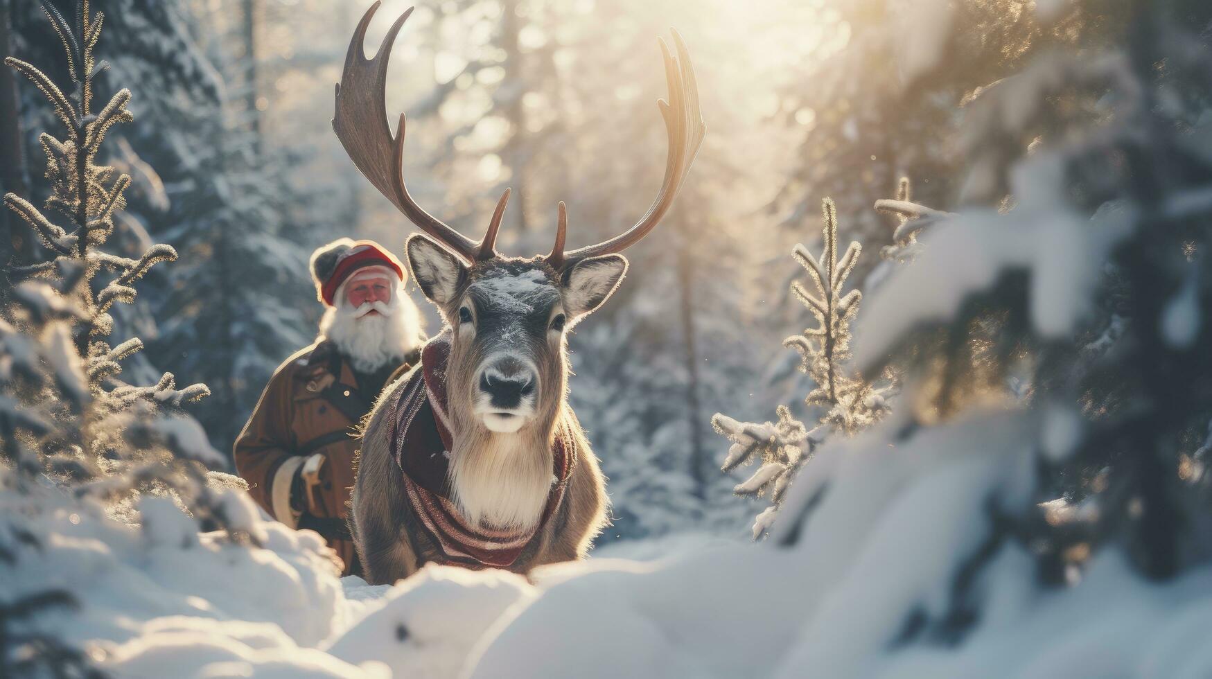 Santa Claus is near his reindeer in the snowy forest photo
