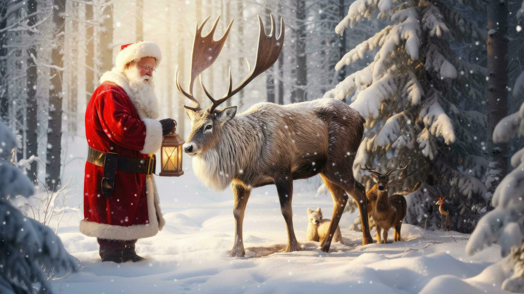 Santa Claus is near his reindeer in the snowy forest photo