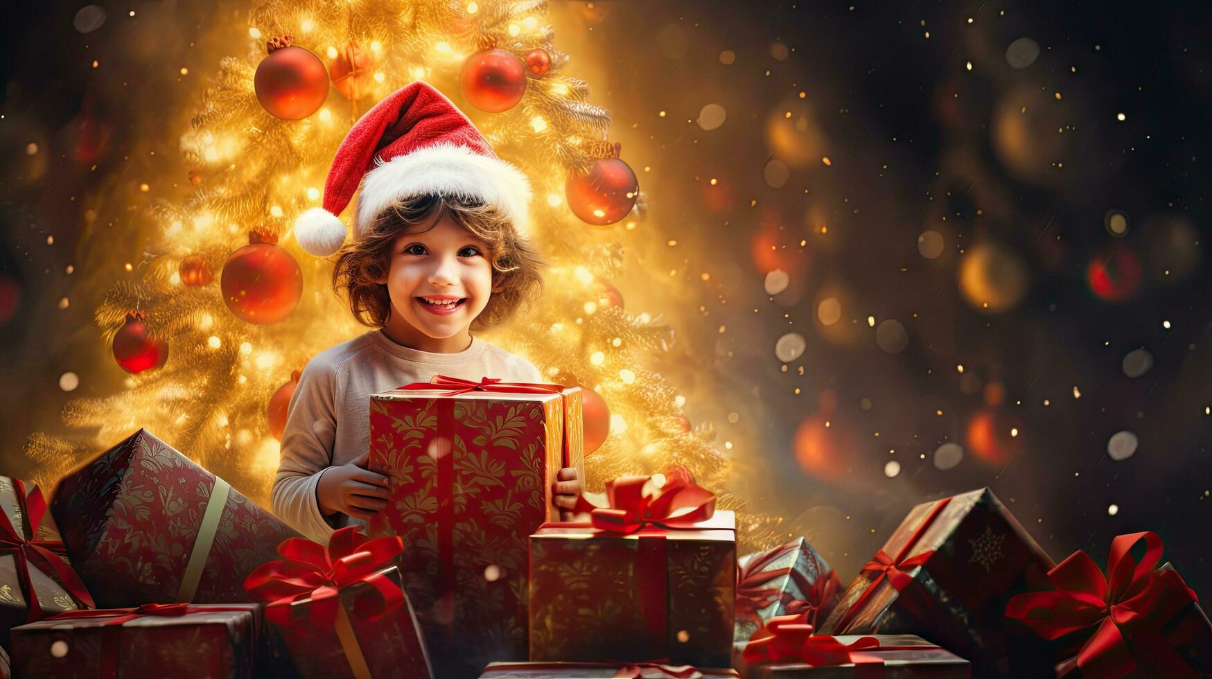 contento nuevo año 2024, hermosa Navidad regalo caja con rojo cinta y pino cono en mesa cerca árbol, espacio para texto foto