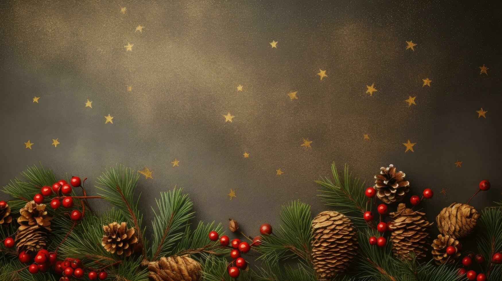 Christmas stone background with snow fir tree, gift box and decor. Top view with copy space photo