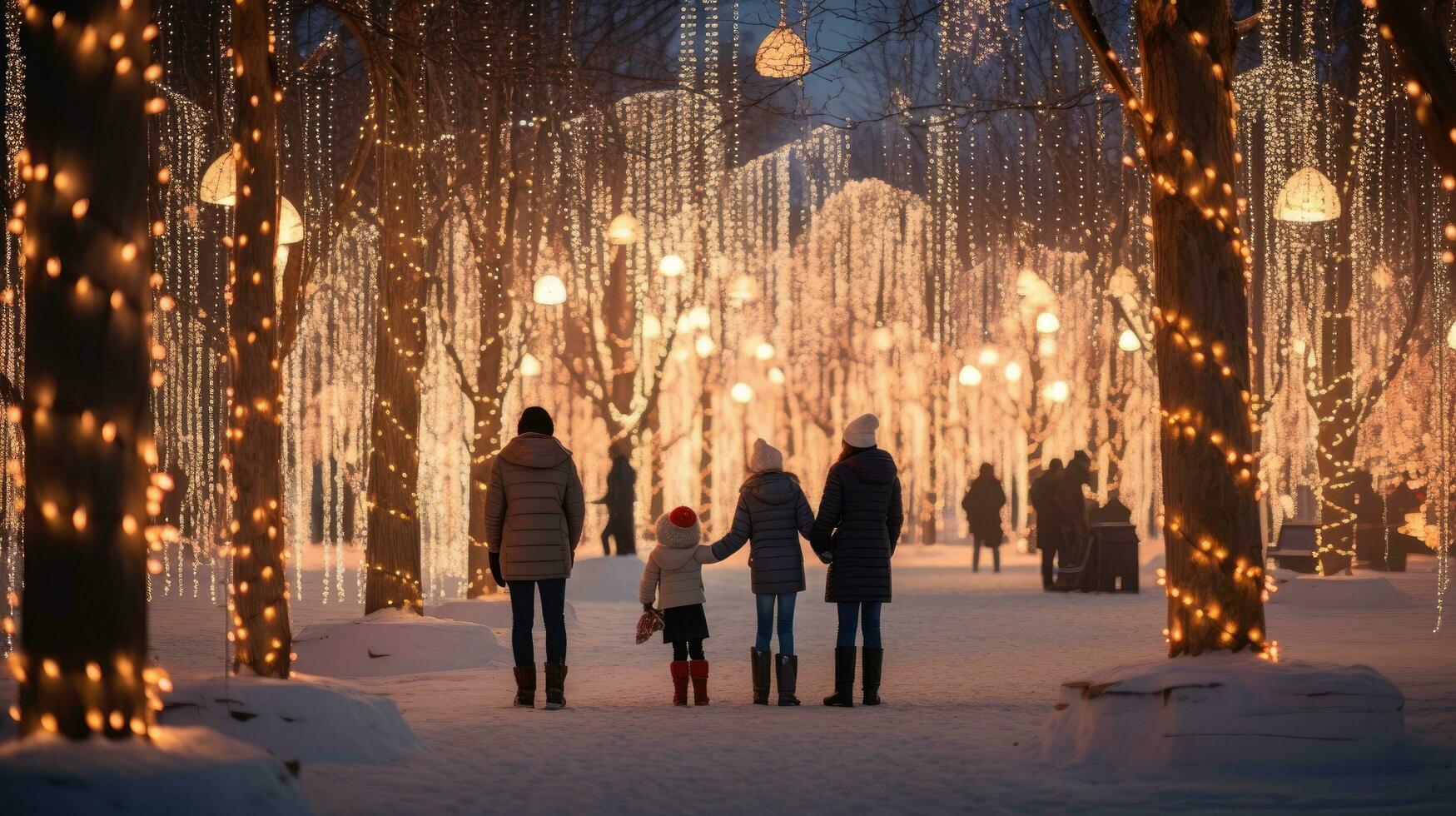 Family, parents and children in a beautiful winter garden with Christmas lights on the trees in the evening photo