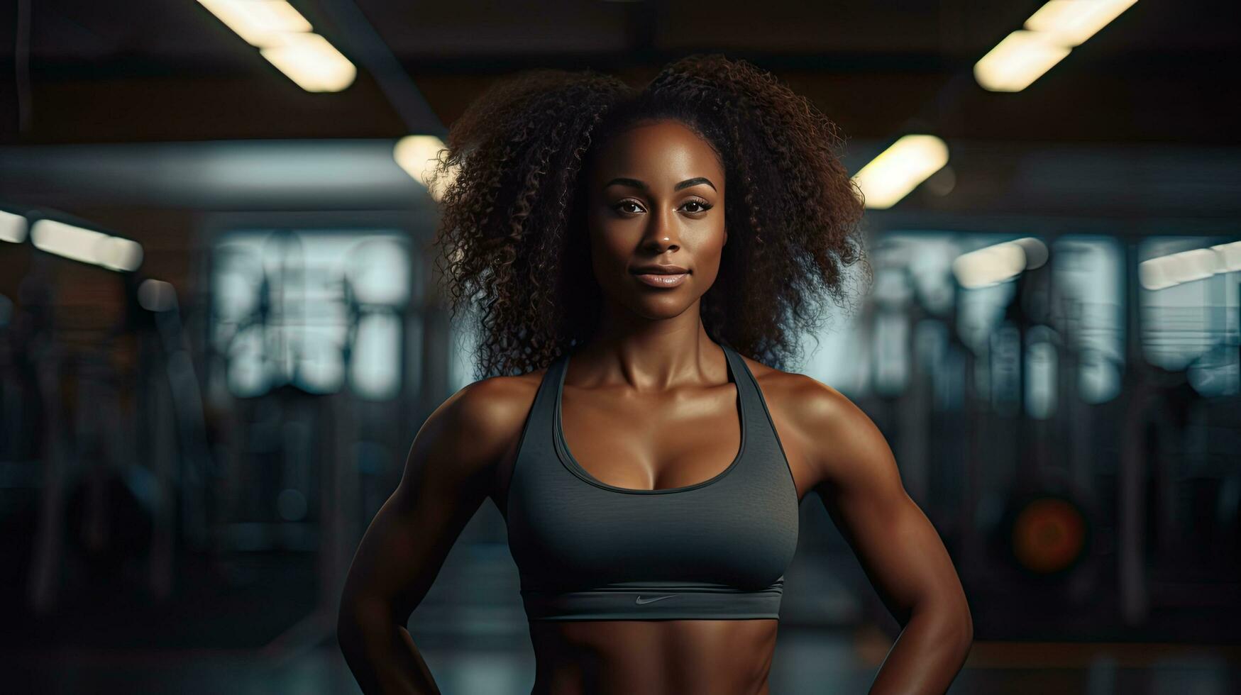 Black woman fitness, beautiful AfroAmerican woman with curly hair in