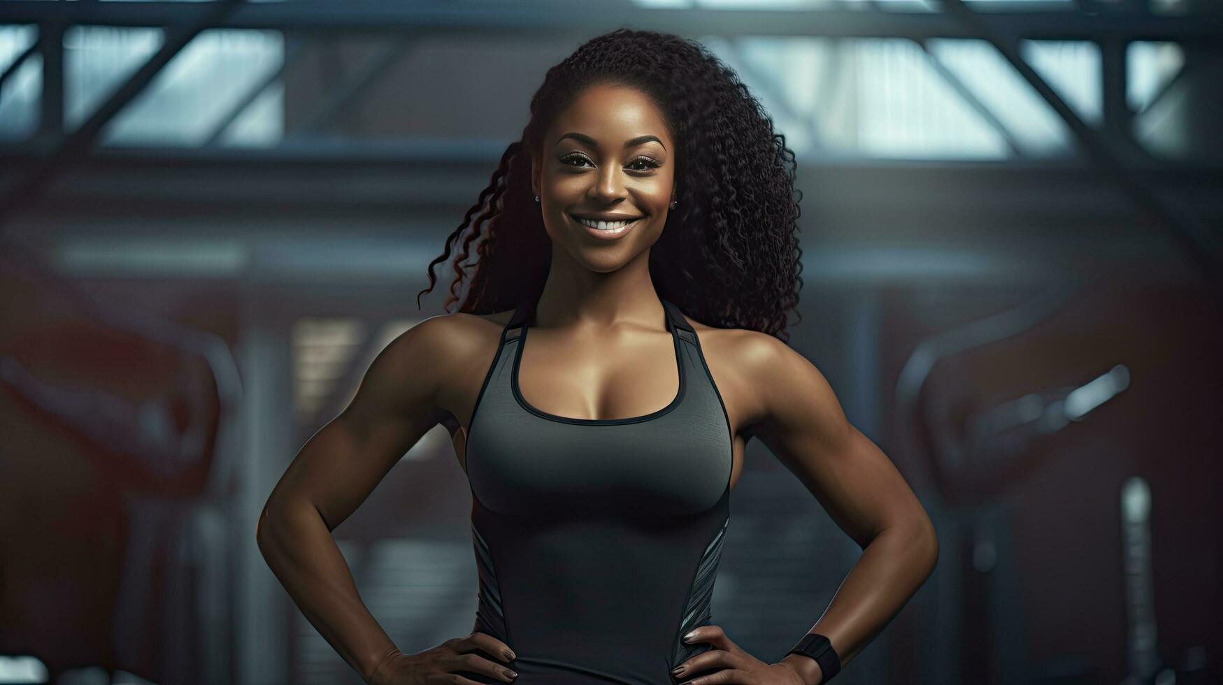 Black woman fitness, beautiful Afro-American woman with curly hair in the gym African fitness woman at health club photo