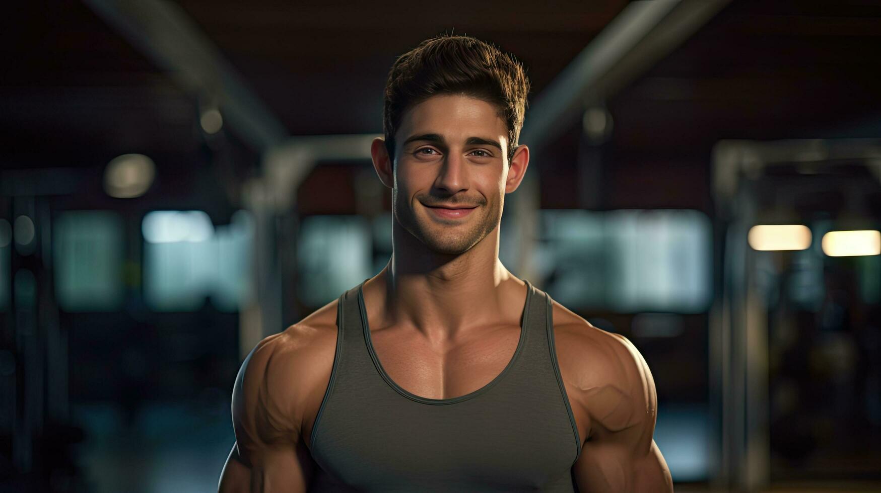 Handsome young man with strong fitness Show off your 6-pack abs in the gym. photo
