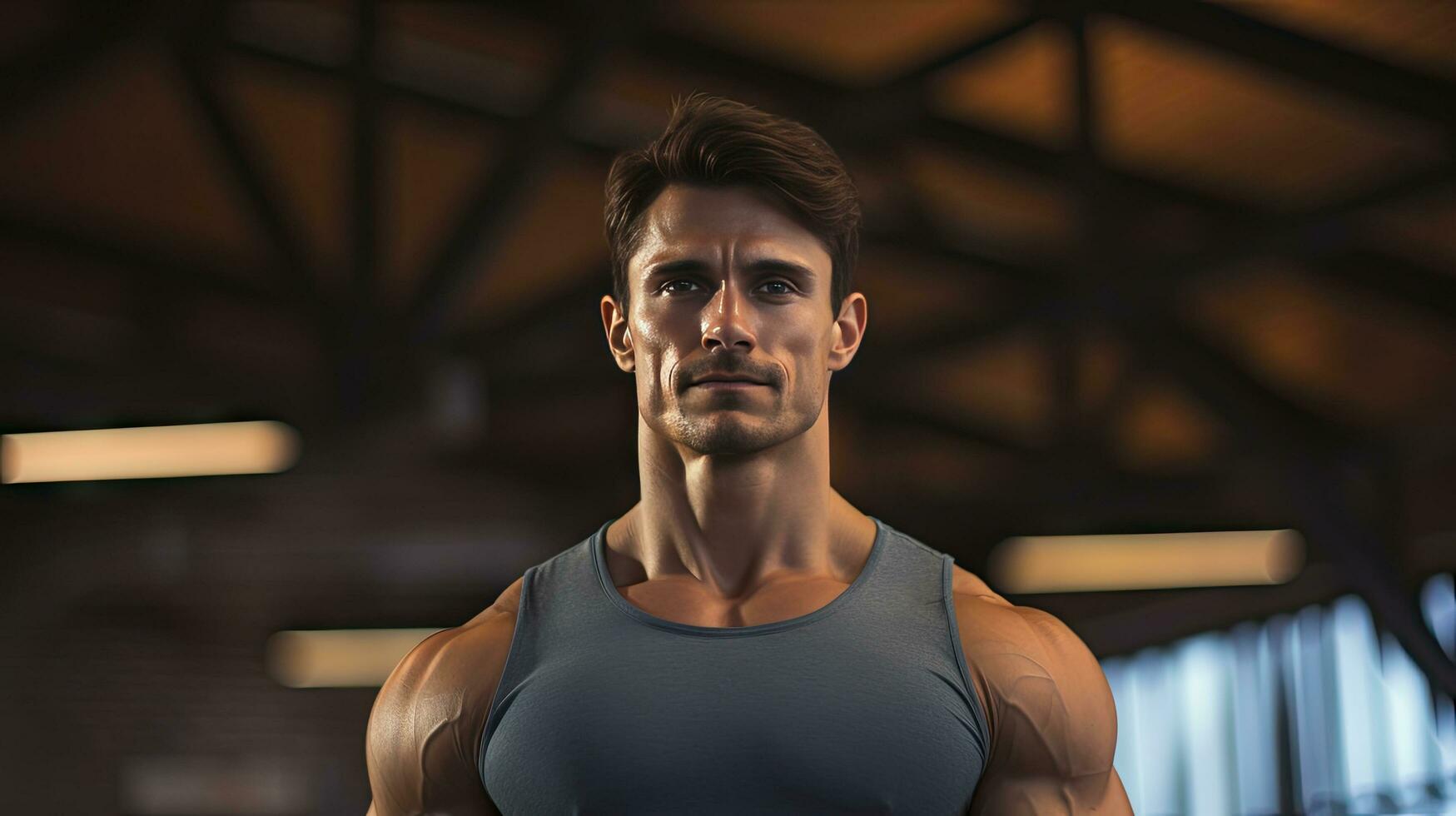 Handsome young man with strong fitness Show off your 6-pack abs in the gym. photo