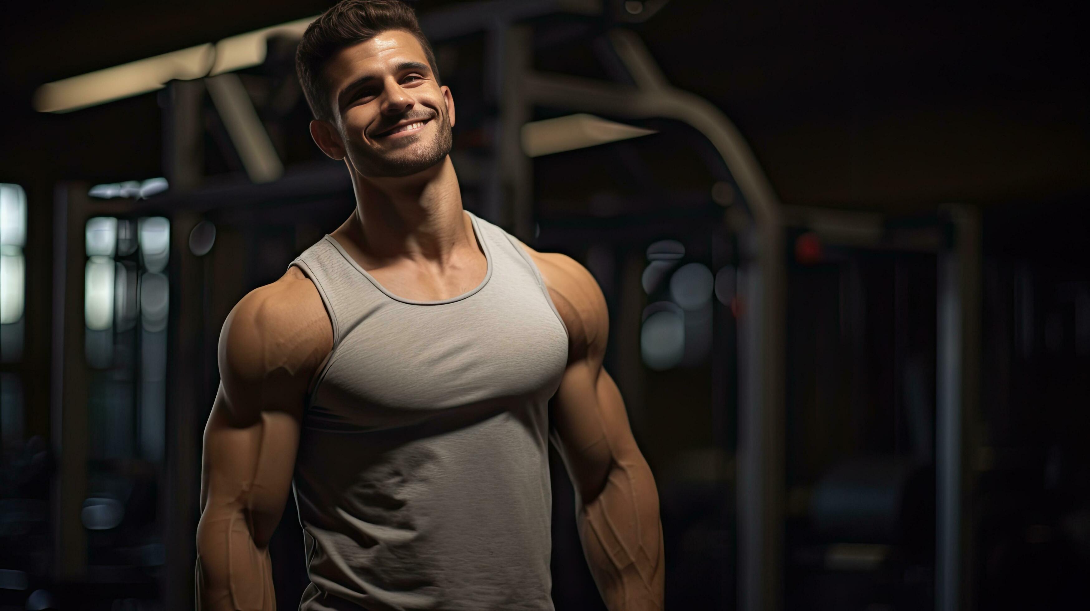 Handsome young man with strong fitness Show off your 6-pack abs in the gym.  29631744 Stock Photo at Vecteezy