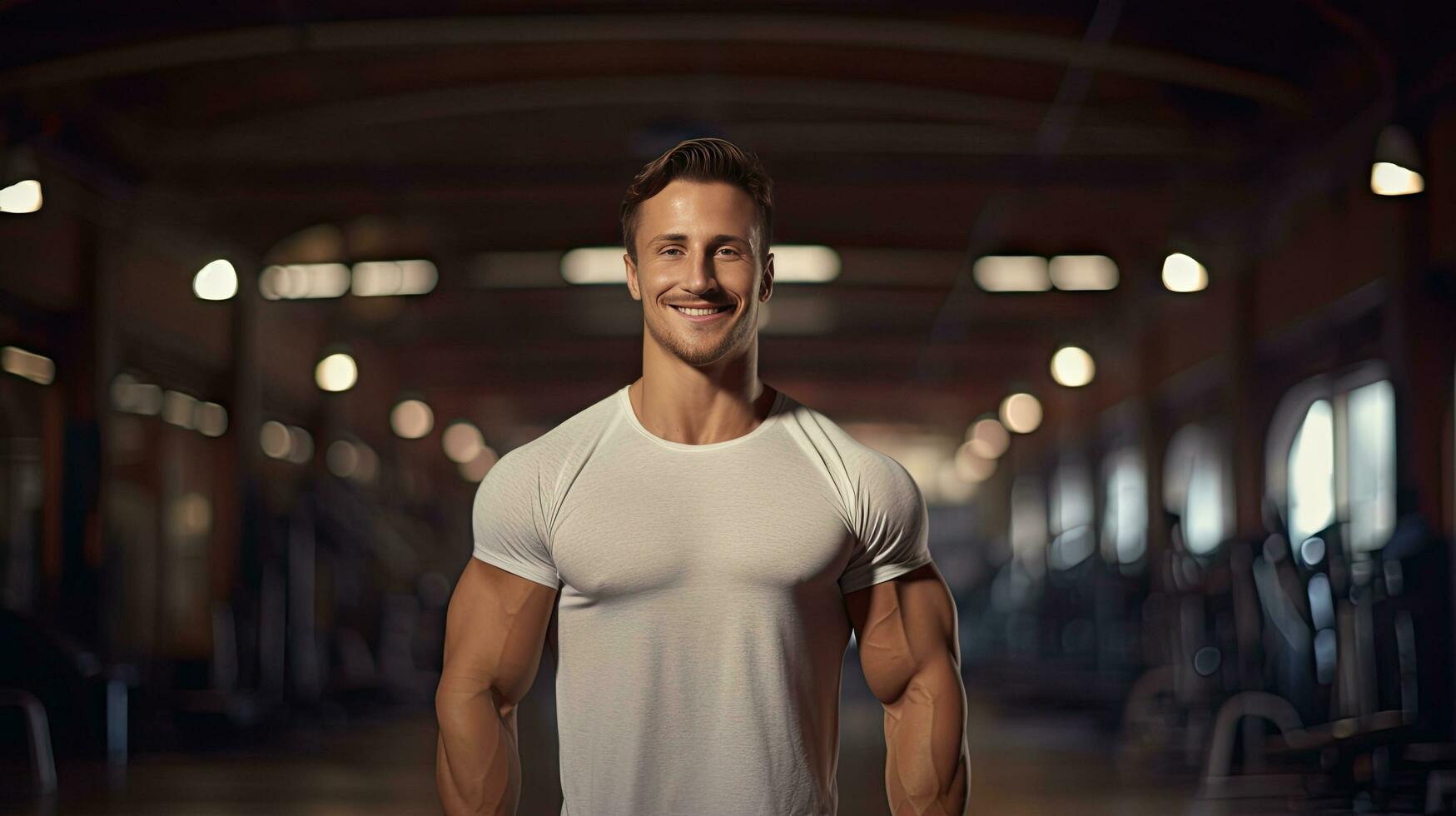 Handsome young man with strong fitness Show off your 6-pack abs in the gym. photo