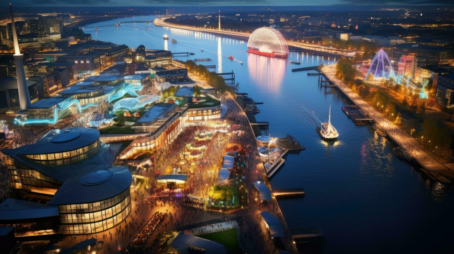 High angle view of Dusseldorf Festival Night view along the river photo