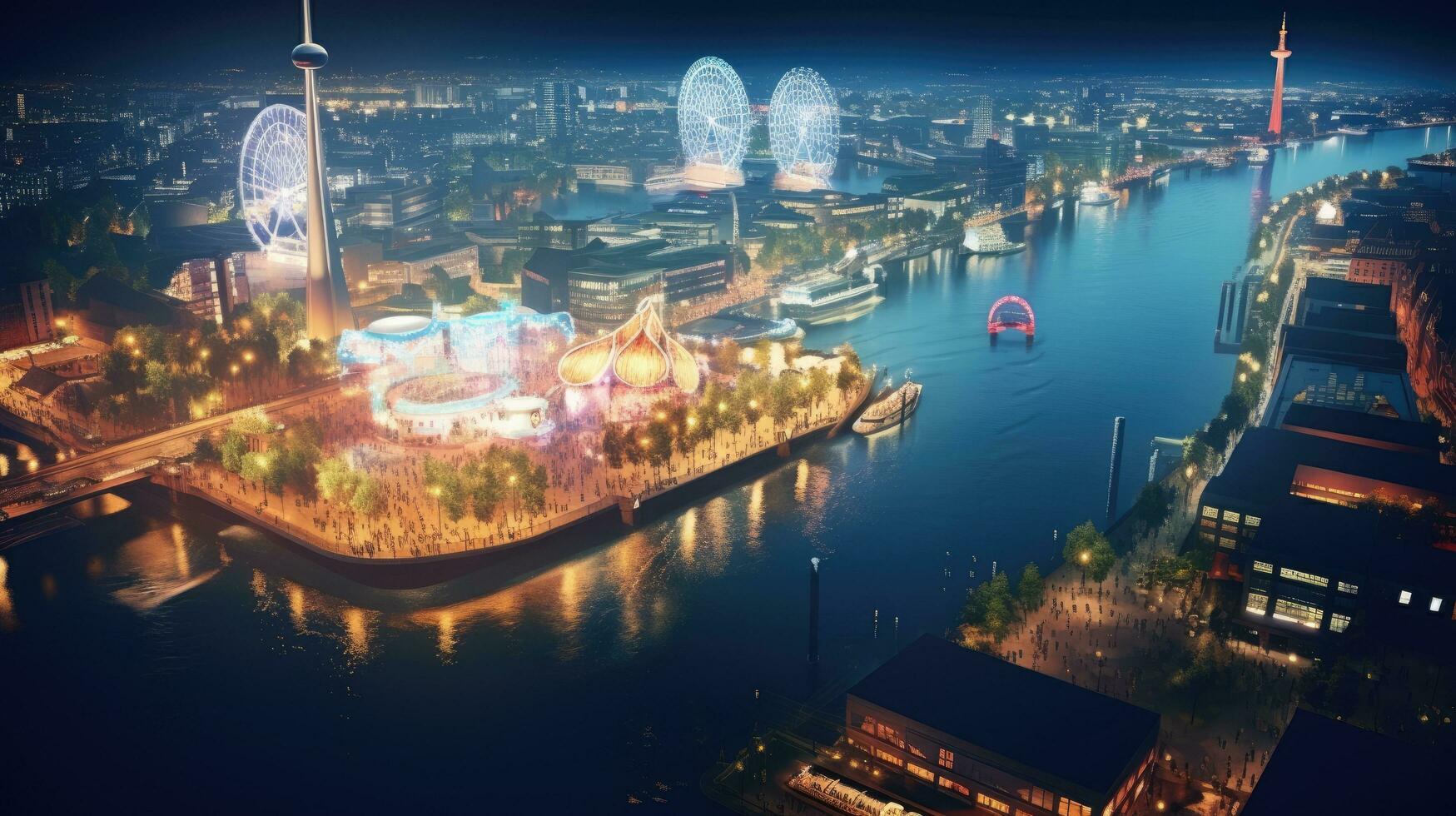 High angle view of Dusseldorf Festival Night view along the river photo