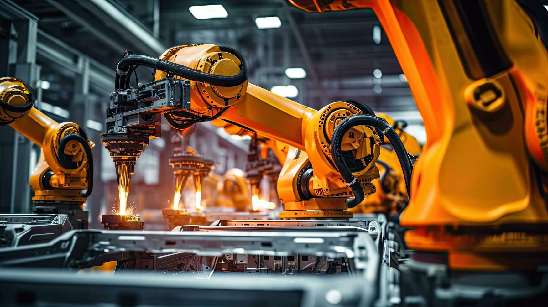 View of industrial robots in an automobile assembly plant photo