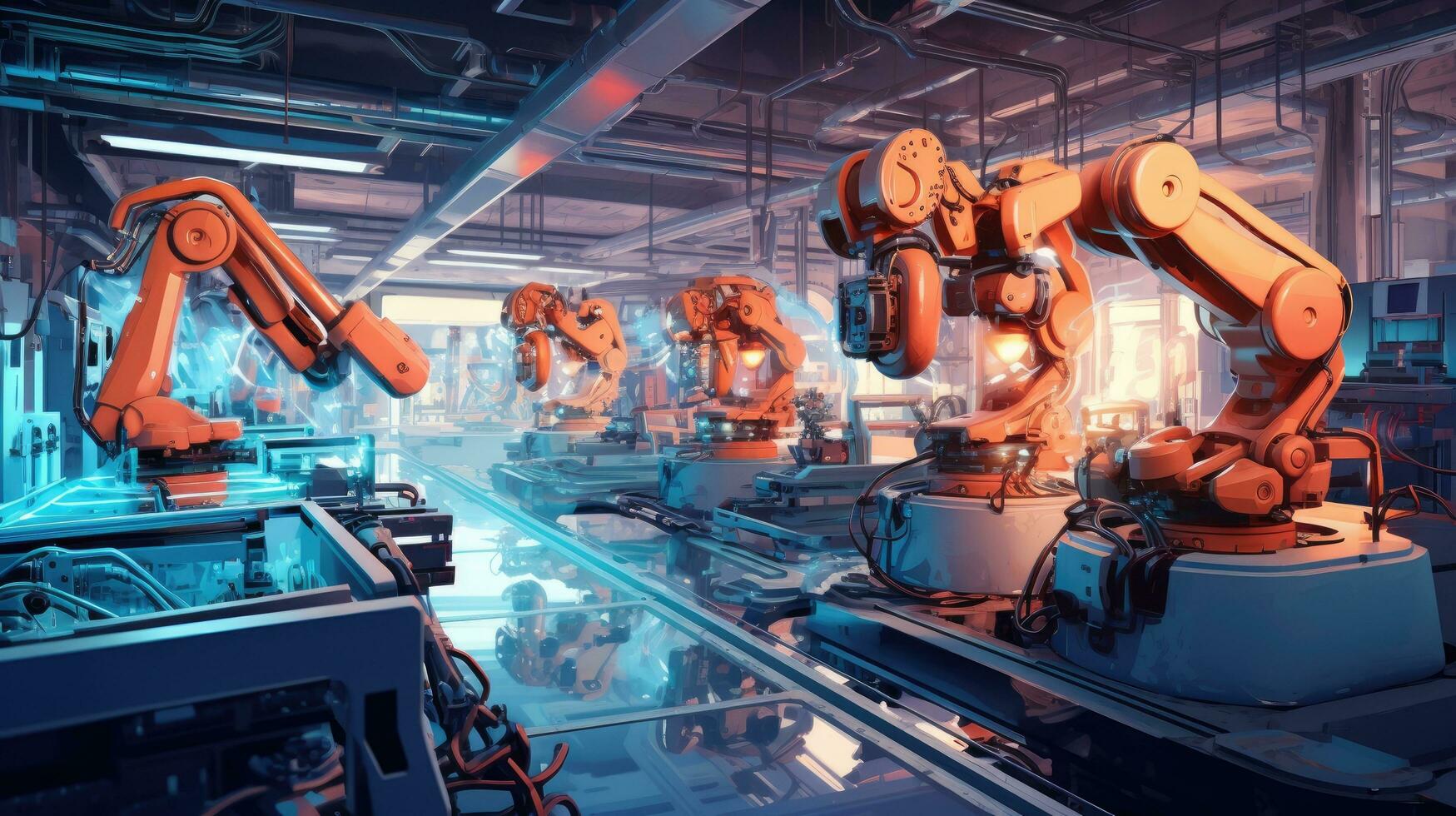 View of industrial robots in an automobile assembly plant photo