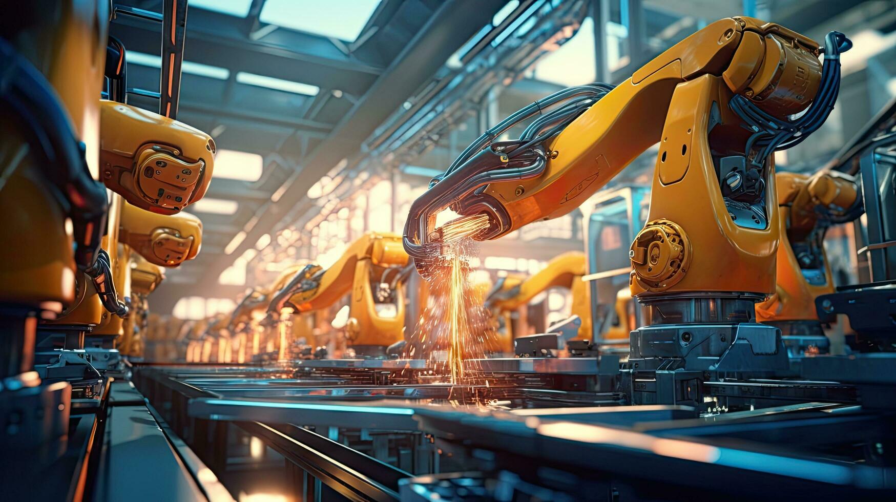 View of industrial robots in an automobile assembly plant photo