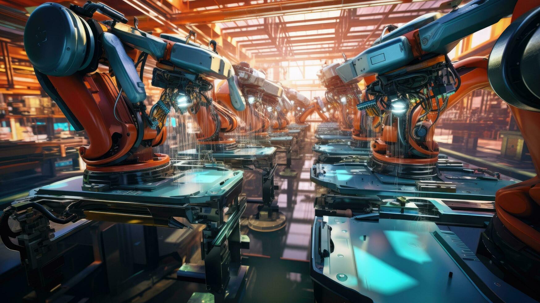 View of industrial robots in an automobile assembly plant photo