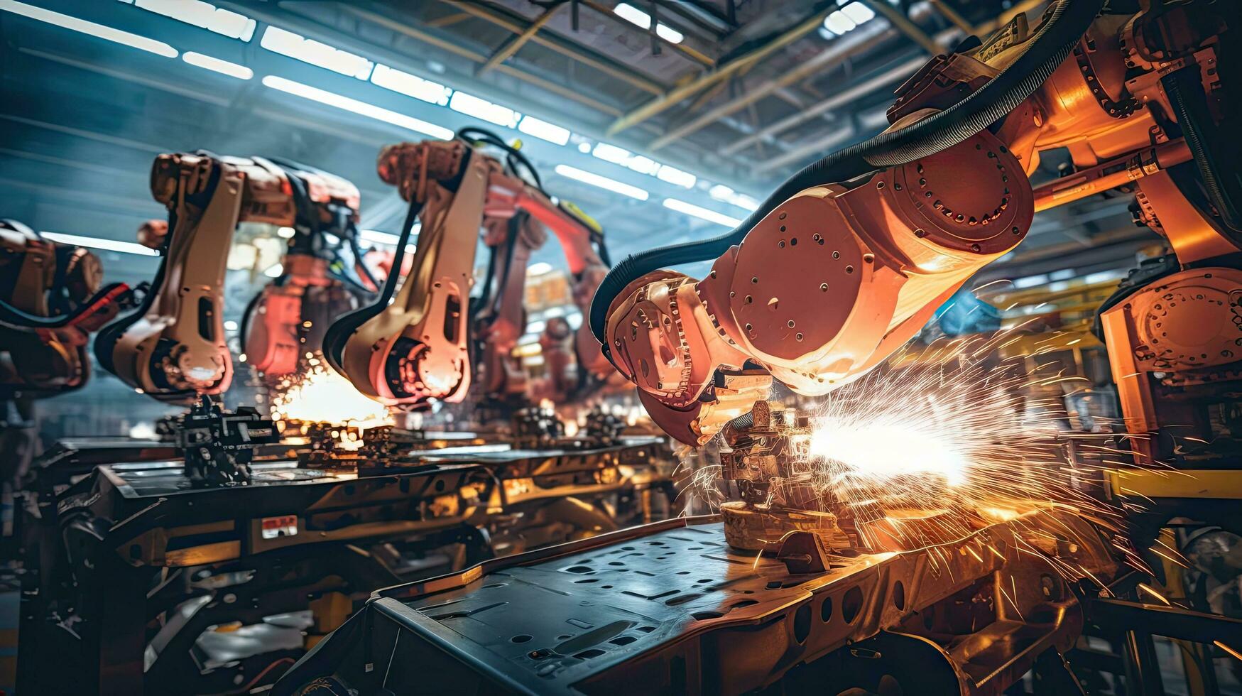 View of industrial robots in an automobile assembly plant photo