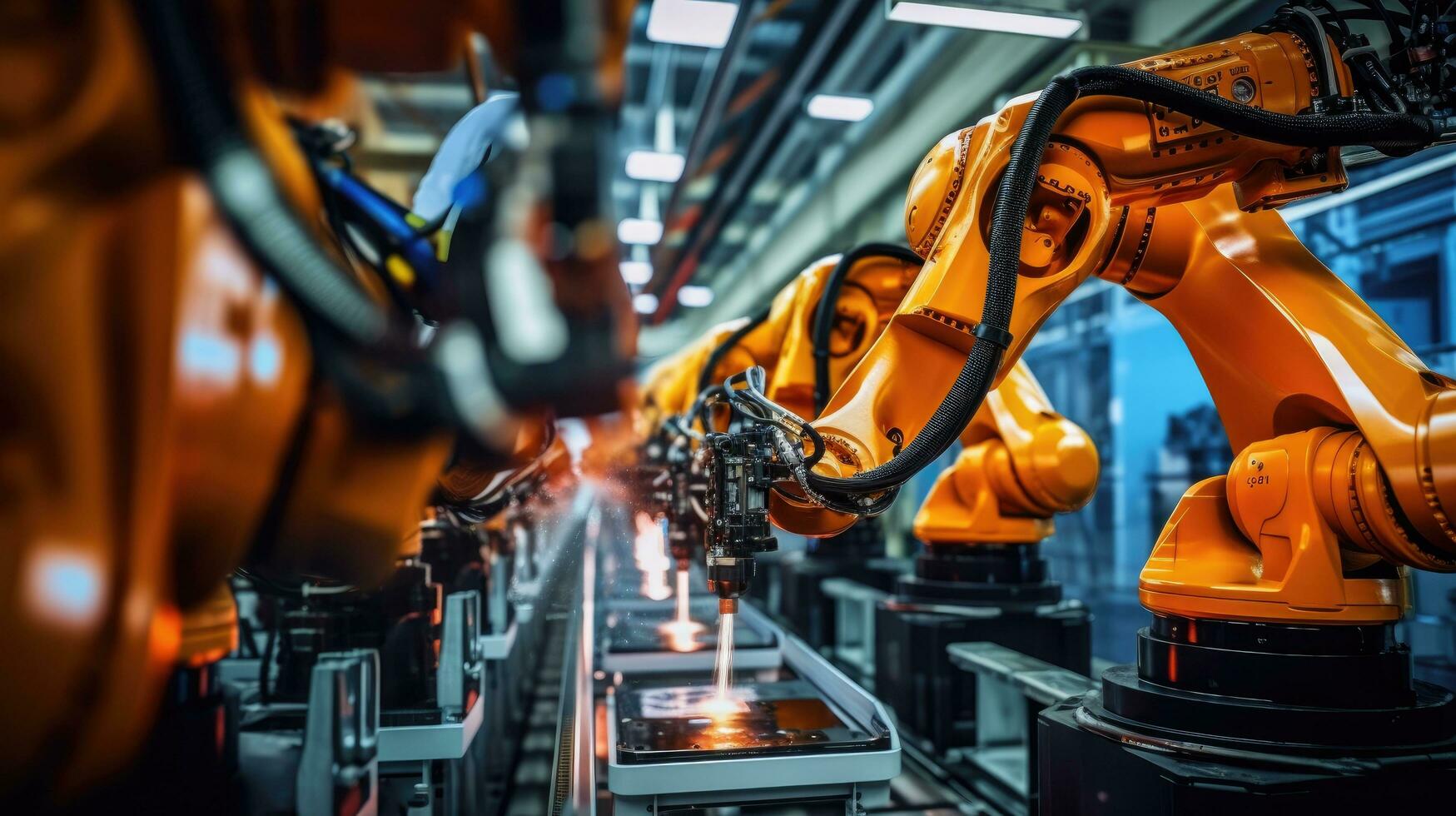 View of industrial robots in an automobile assembly plant photo