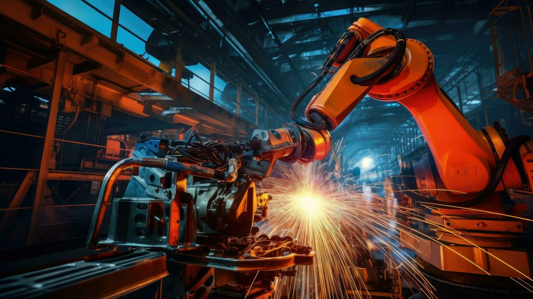 View of industrial robots in an automobile assembly plant photo