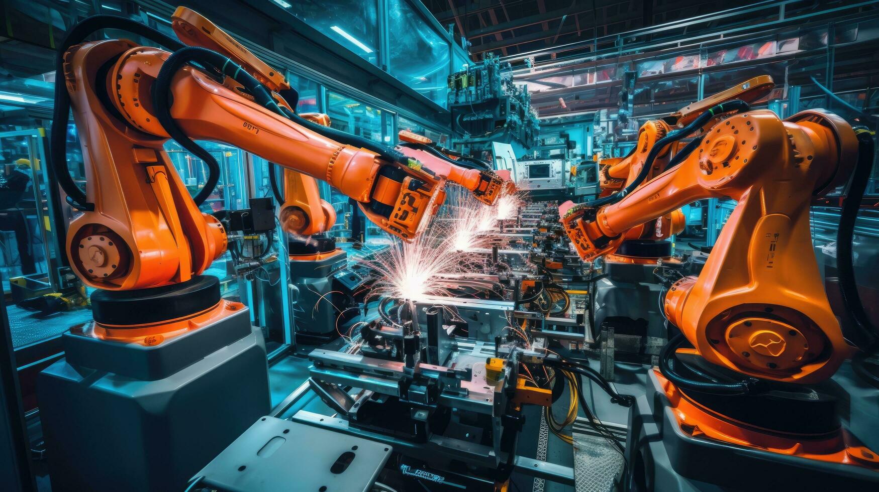View of industrial robots in an automobile assembly plant photo