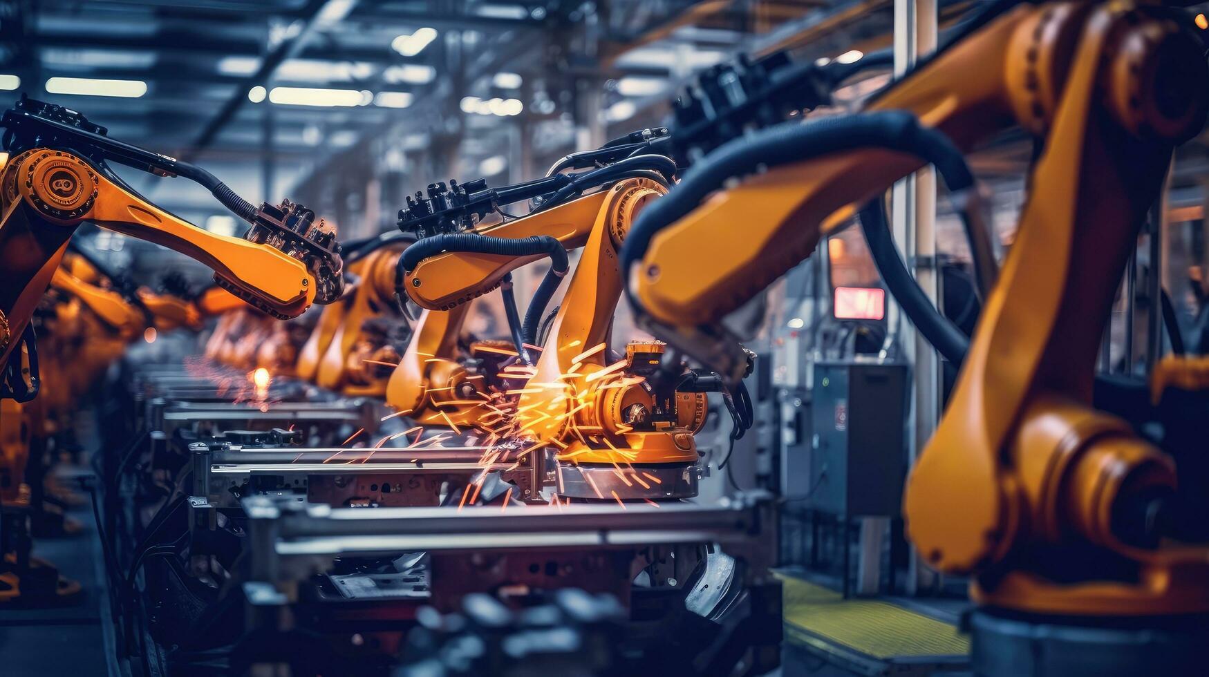 View of industrial robots in an automobile assembly plant photo