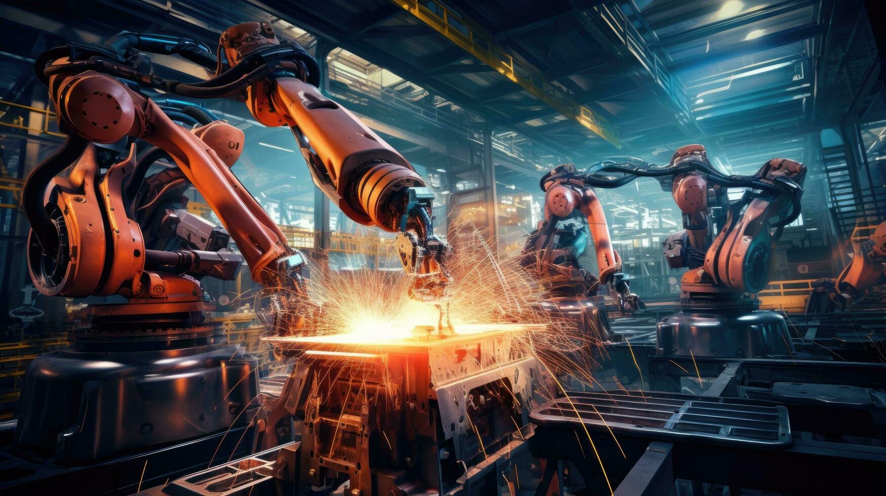 View of industrial robots in an automobile assembly plant photo