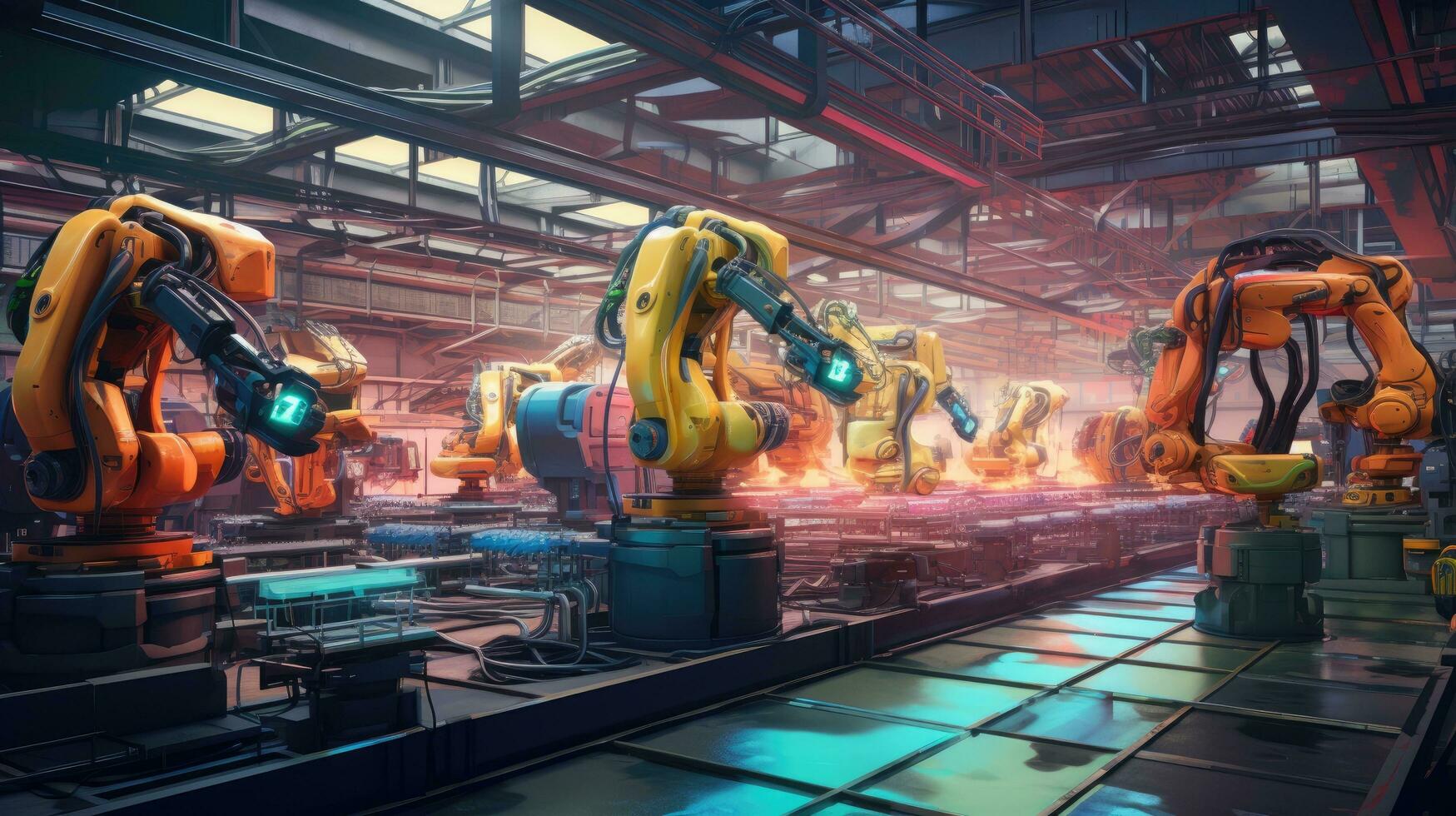 View of industrial robots in an automobile assembly plant photo