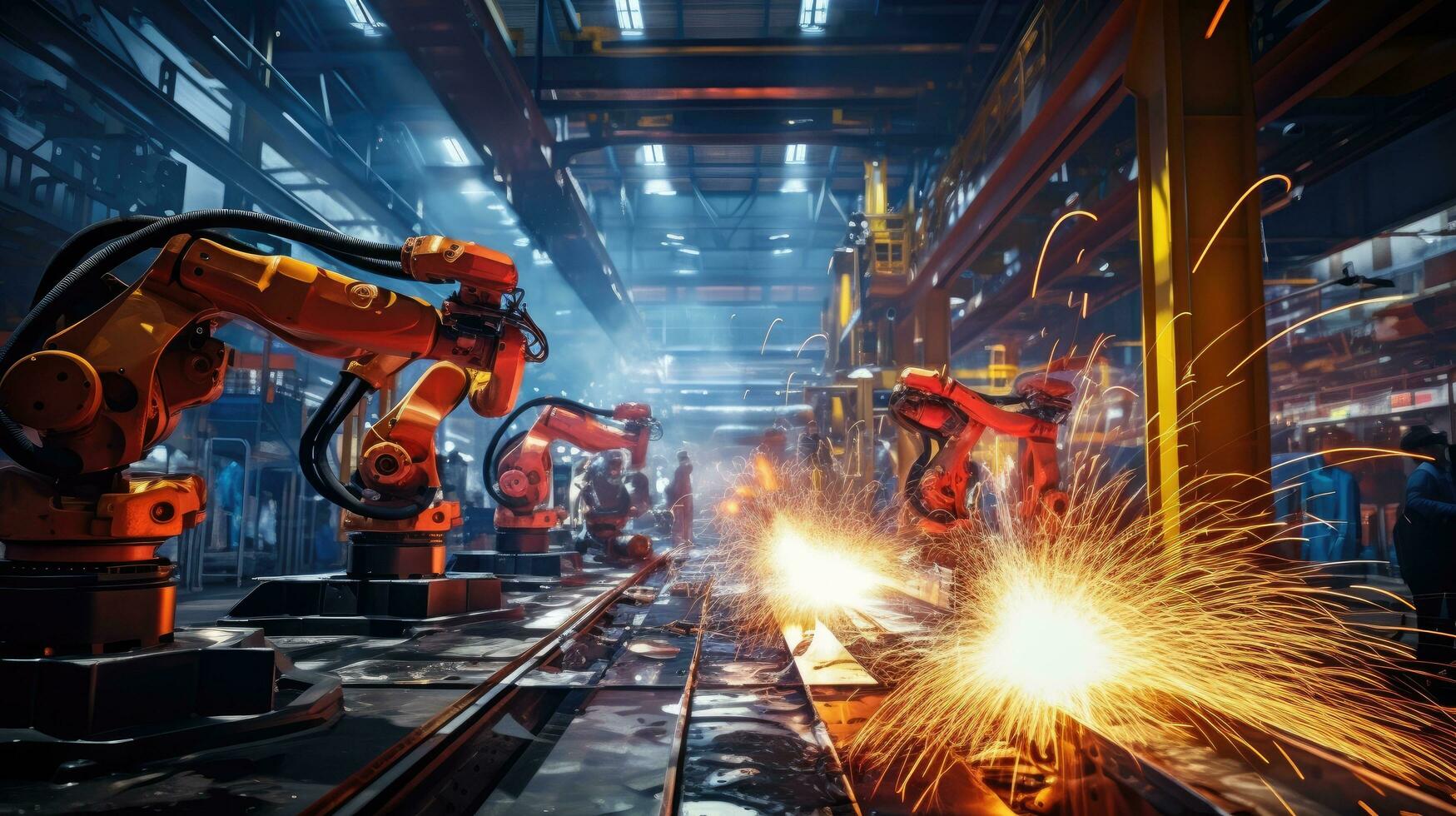 View of industrial robots in an automobile assembly plant photo
