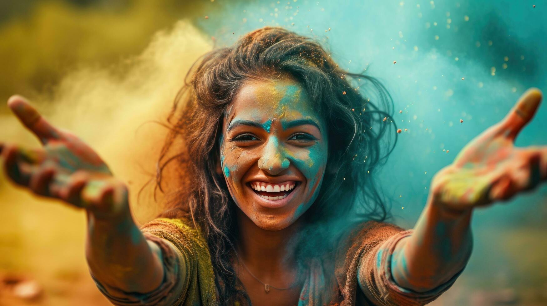 Beautiful happy Indian woman celebrates Holi with colored powder or gulal. indian festival holi photo