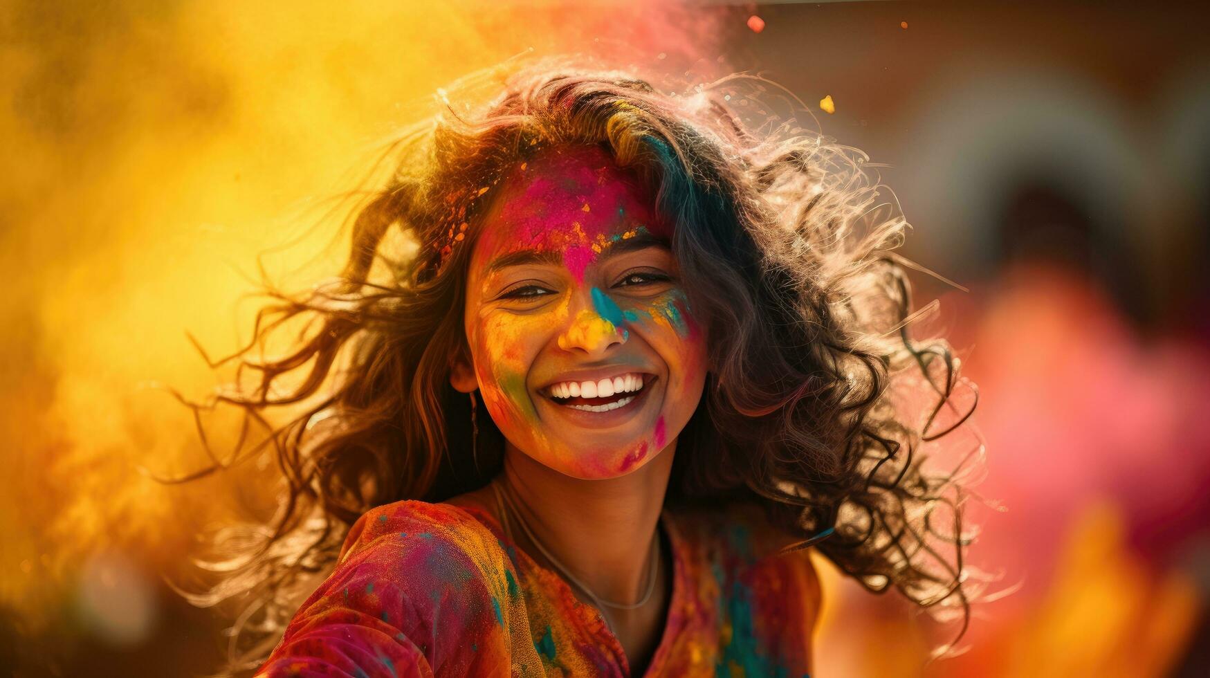 Beautiful happy Indian woman celebrates Holi with colored powder or gulal. indian festival holi photo