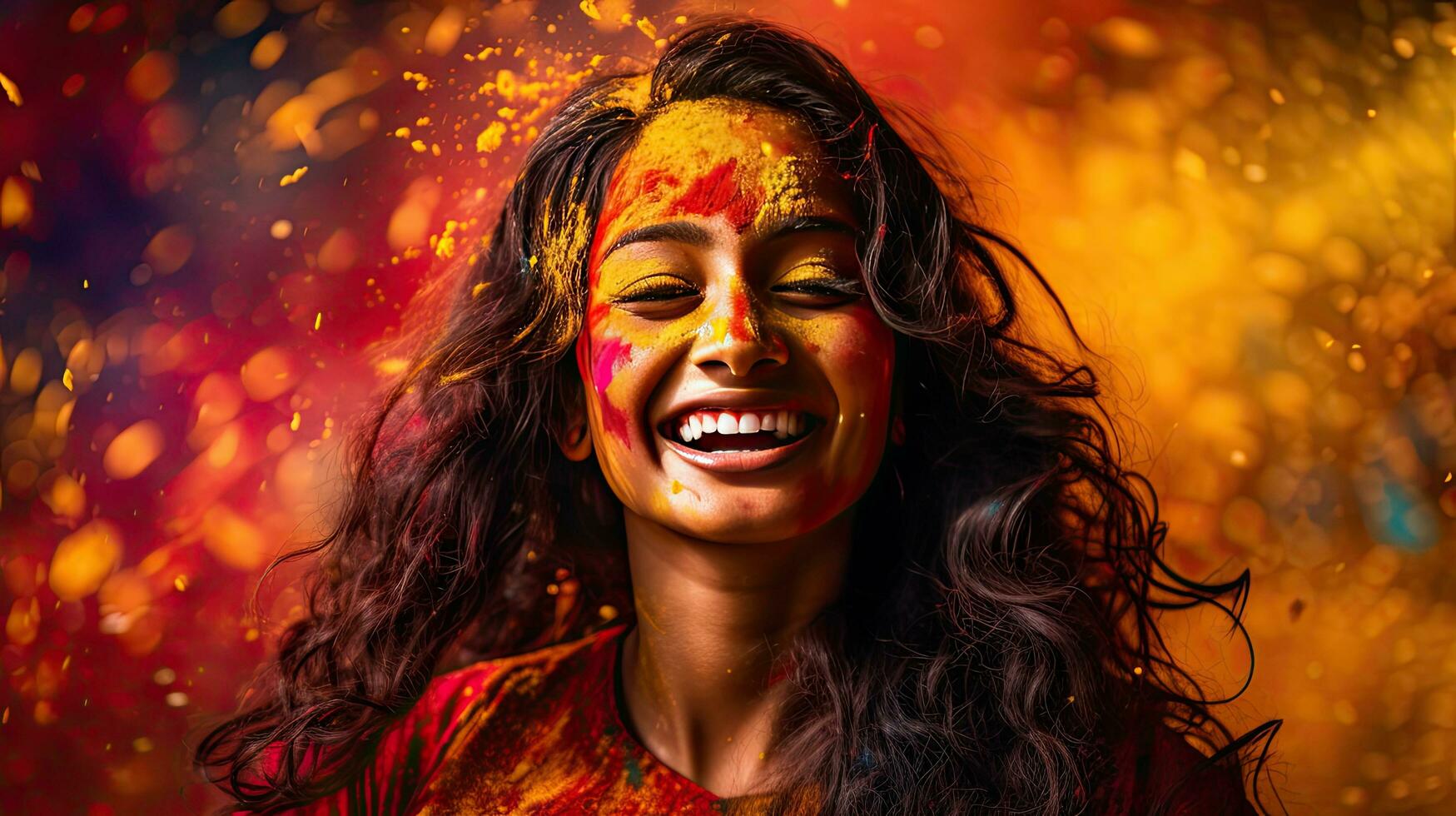 Beautiful happy Indian woman celebrates Holi with colored powder or gulal. indian festival holi photo